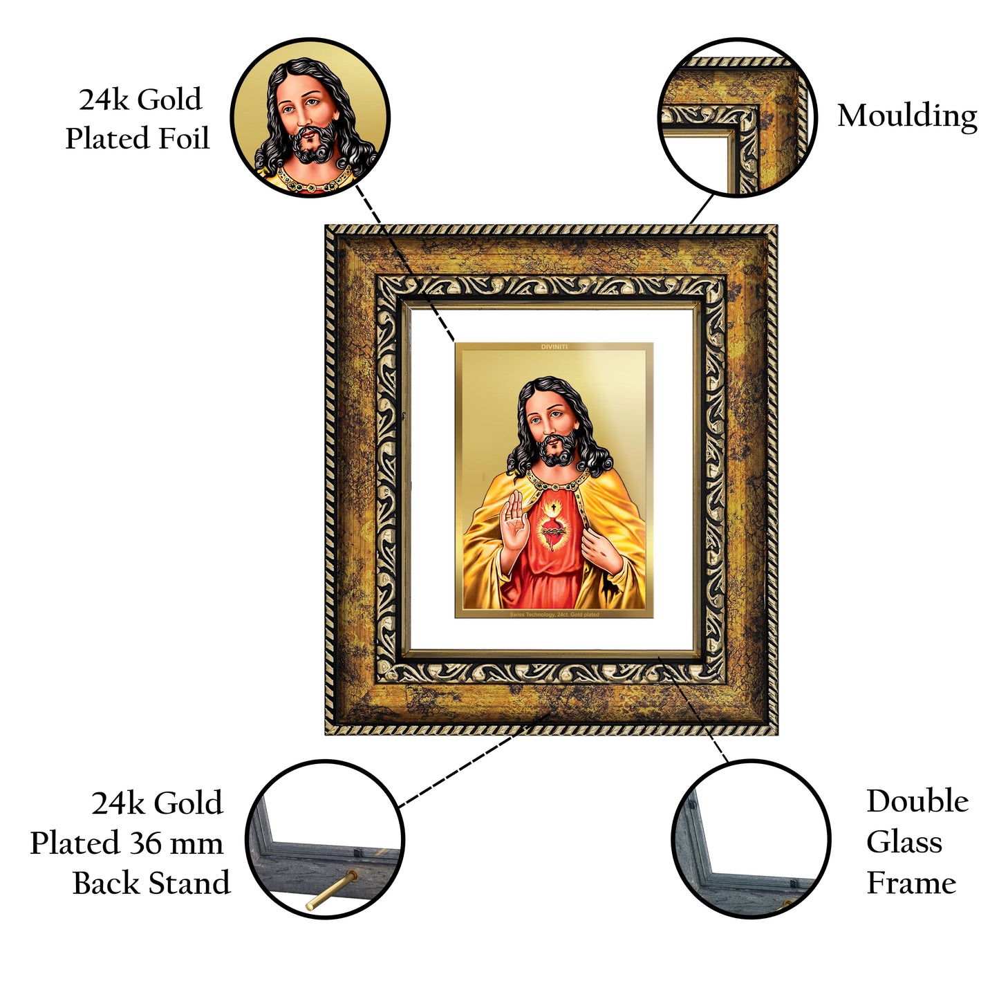 DIVINITI 24K Gold Plated Foil Jesus Wall Photo Frame, Table Decor for Home & Office Decor Gift Items DG 113 Size 1 (17.7x15.9 CM)