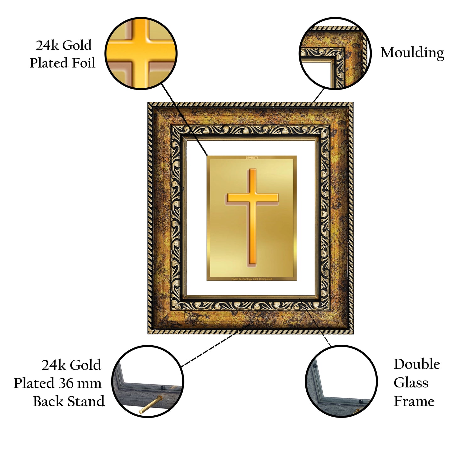 DIVINITI 24K Gold Plated Foil Holy Cross Wall Photo Frame, Table Decor for Home & Office Decor Gift Items DG 113 Size 1 (17.7x15.9 CM)