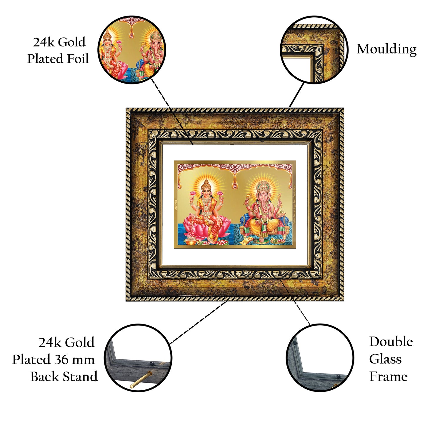 DIVINITI 24K Gold Plated Foil Lakshmi & Ganesha Wall Photo Frame, Table Decor for Home & Office Decor Gift Items DG 113 Size 1 (17.7x15.9 CM)