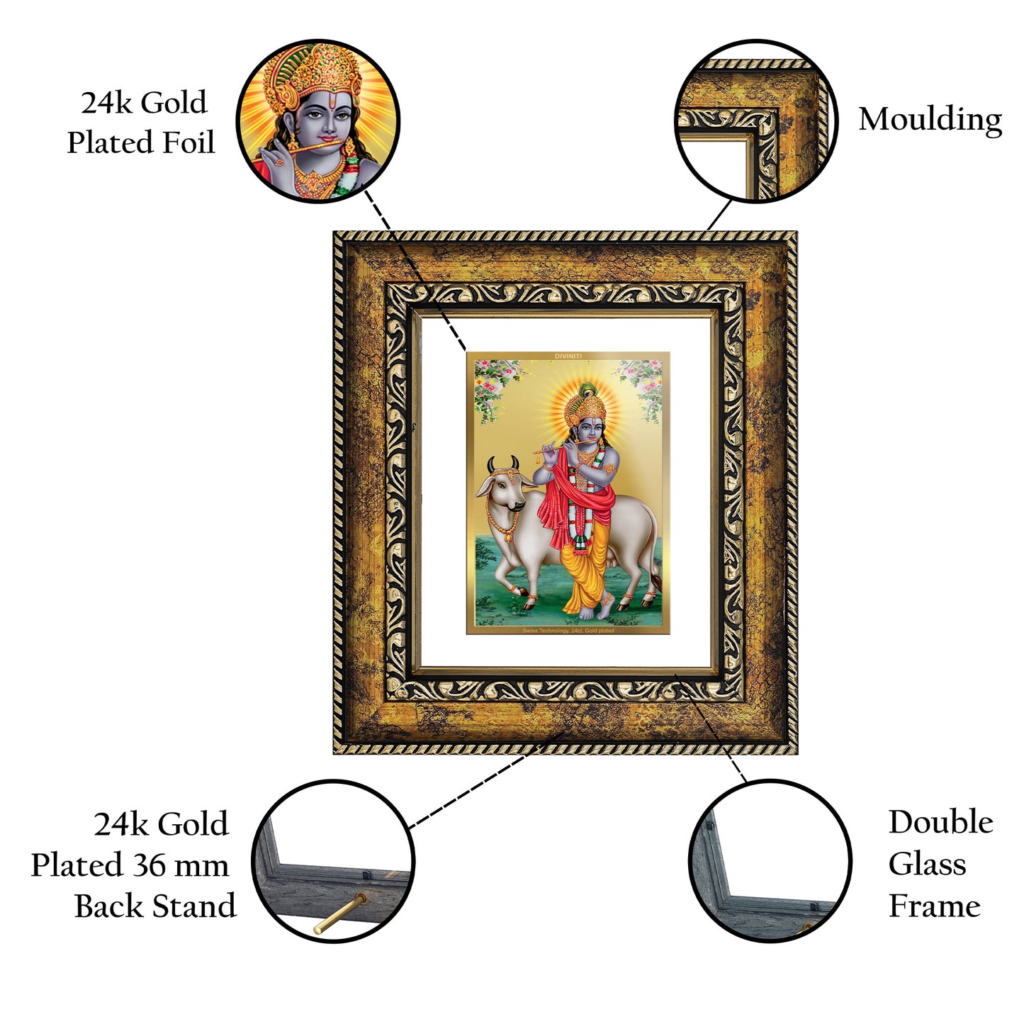 DIVINITI 24K Gold Plated Foil Krishna Wall Photo Frame, Table Decor for Home & Office Decor Gift Items DG 113 Size 1 (17.7x15.9 CM)