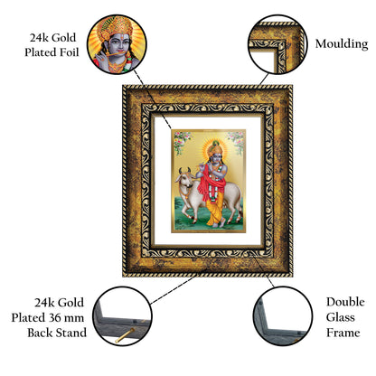 DIVINITI 24K Gold Plated Foil Krishna Wall Photo Frame, Table Decor for Home & Office Decor Gift Items DG 113 Size 1 (17.7x15.9 CM)