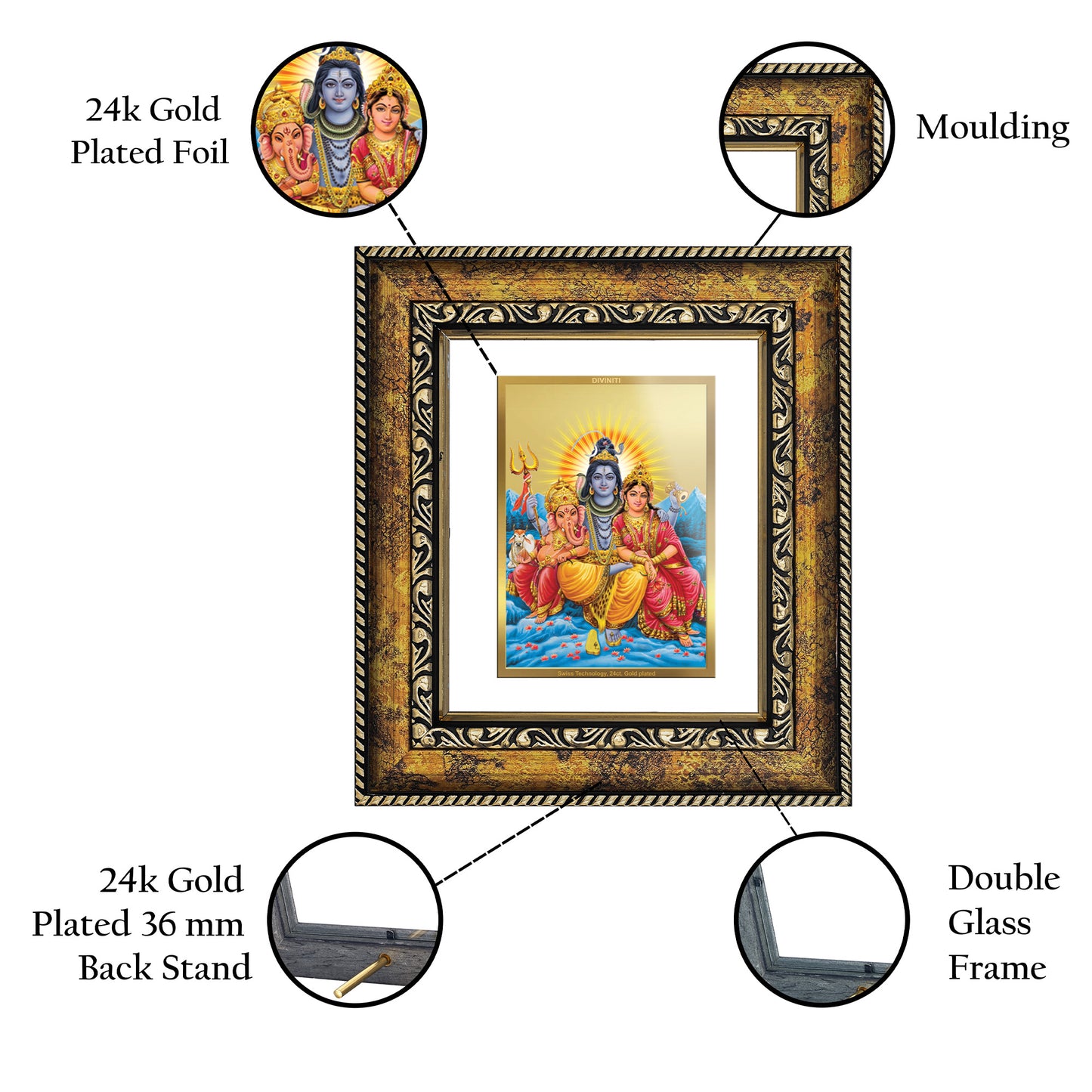 DIVINITI 24K Gold Plated Foil Shiva Parivar Wall Photo Frame, Table Decor for Home & Office Decor Gift Items DG 113 Size 1 (17.7x15.9 CM)