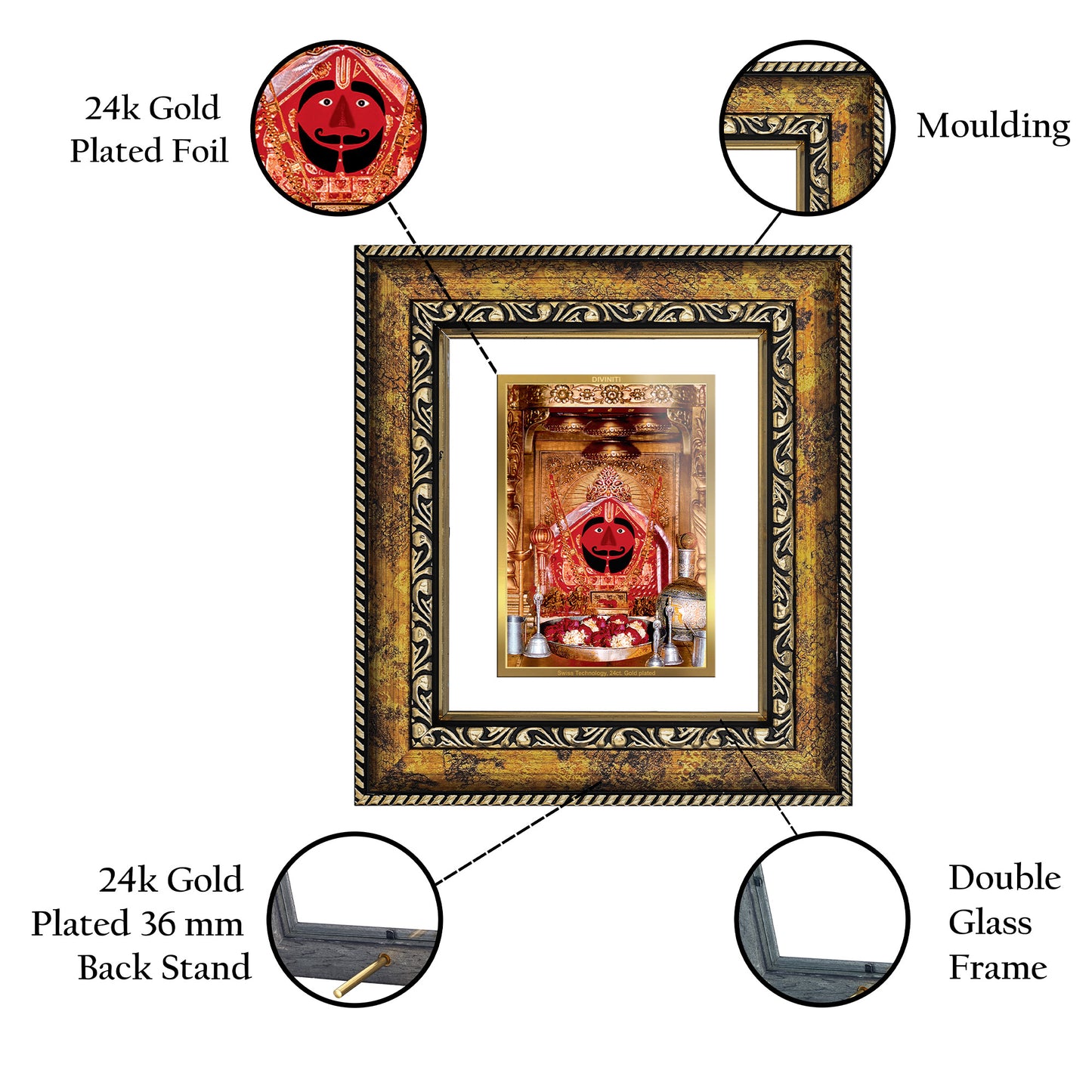 DIVINITI 24K Gold Plated Foil Salasar Balaji Wall Photo Frame, Table Decor for Home & Office Decor Gift Items DG 113 Size 1 (17.7x15.9 CM)