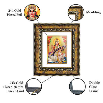 DIVINITI 24K Gold Plated Foil Saraswati Wall Photo Frame, Table Decor for Home & Office Decor Gift Items DG 113 Size 1 (17.7x15.9 CM)