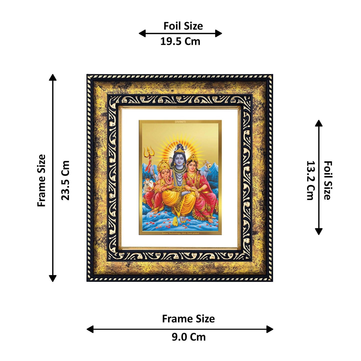 DIVINITI 24K Gold Plated Lord Shiv Parivar Wooden Elegant Photo Frame Idol for Wall Hanging, Workshop, Table Top, Home Decor, Luxury Gift | DG113 Size 2 (22.6x18.4 CM)