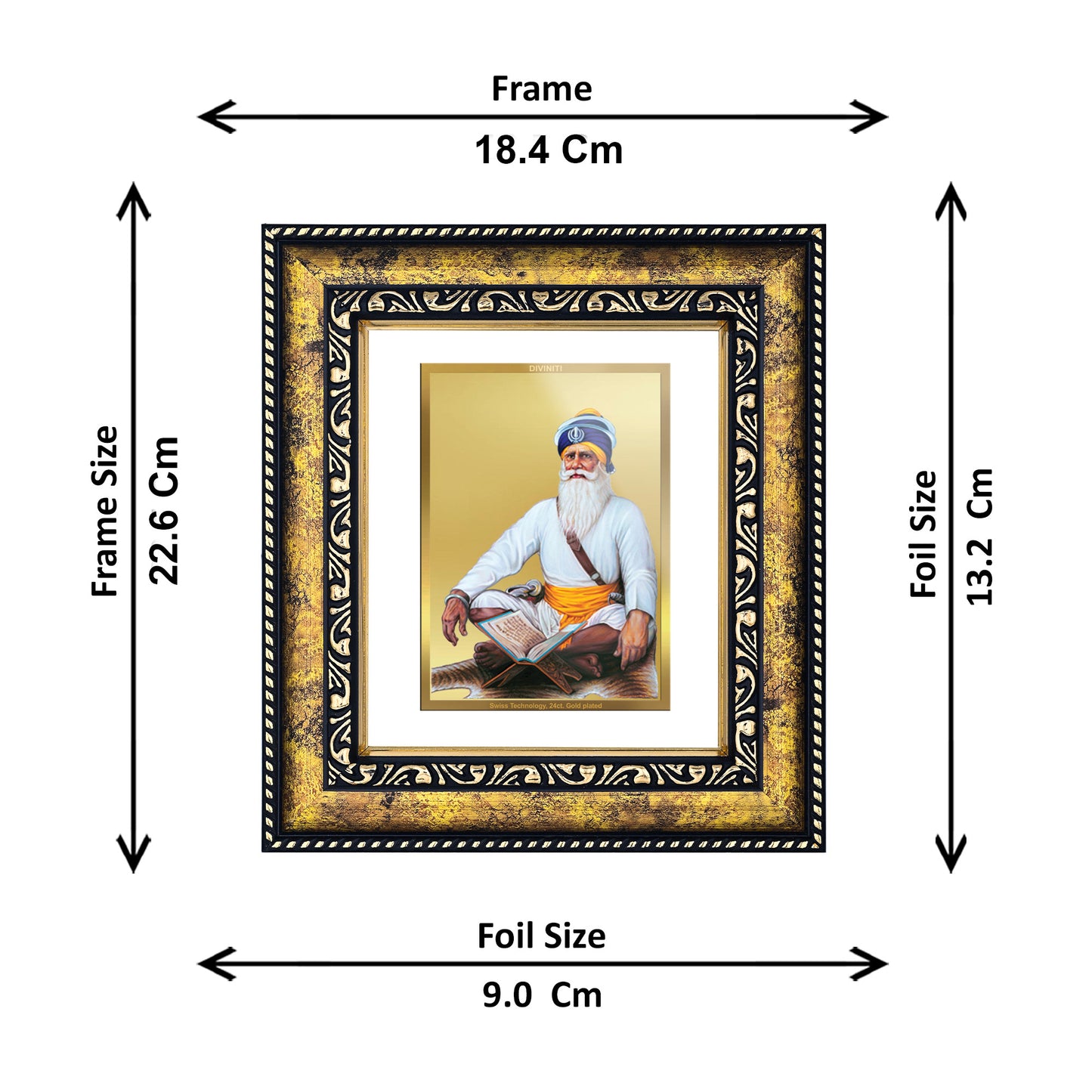 DIVINITI 24K Gold Plated Foil Baba Deep Singh Photo Frame for Home Decor, Puja Room, Table Top, Wall Hanging, Workshop, Gift|DG113 Size 2 (22.6x18.4 CM)