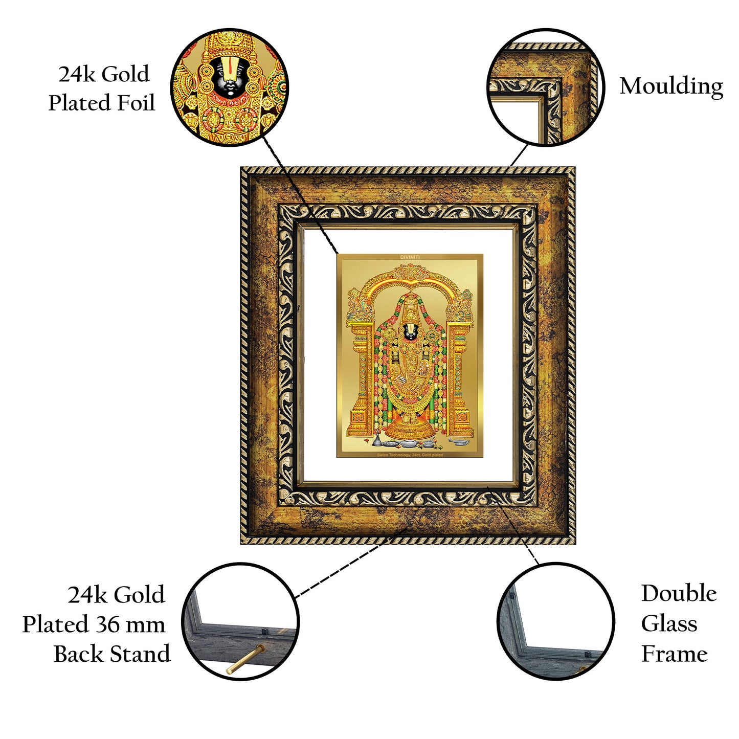 DIVINITI 24K Gold Plated Foil Tirupati Balaji Wall Photo Frame, Table Decor for Home & Office Decor Gift Items DG 113 Size 1 (17.7x15.9 CM)