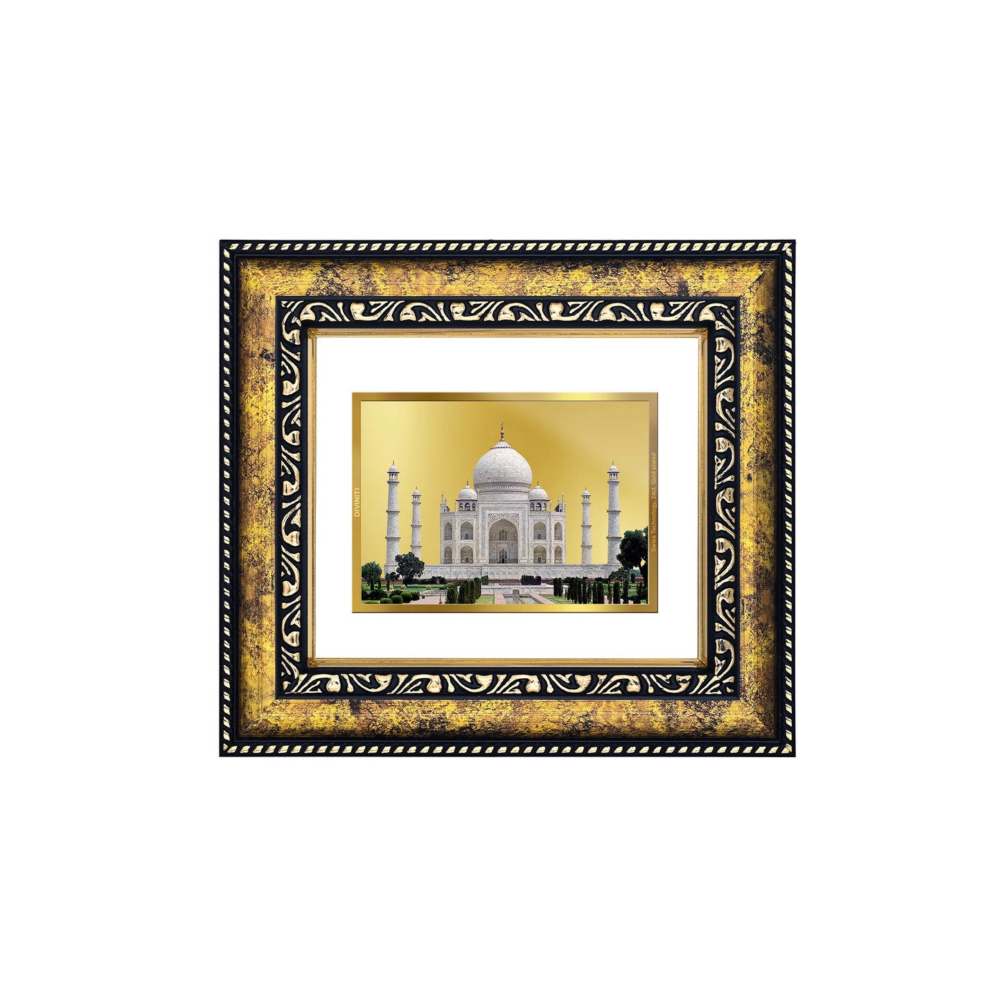 DIVINITI 24K Gold Plated Taj Mahal Elegant Photo Frame Idol for Puja Room, Home Wall Decor, Workshop, Table Top, Premium Gift|DG113 Size 2 (22.6x18.4 CM)