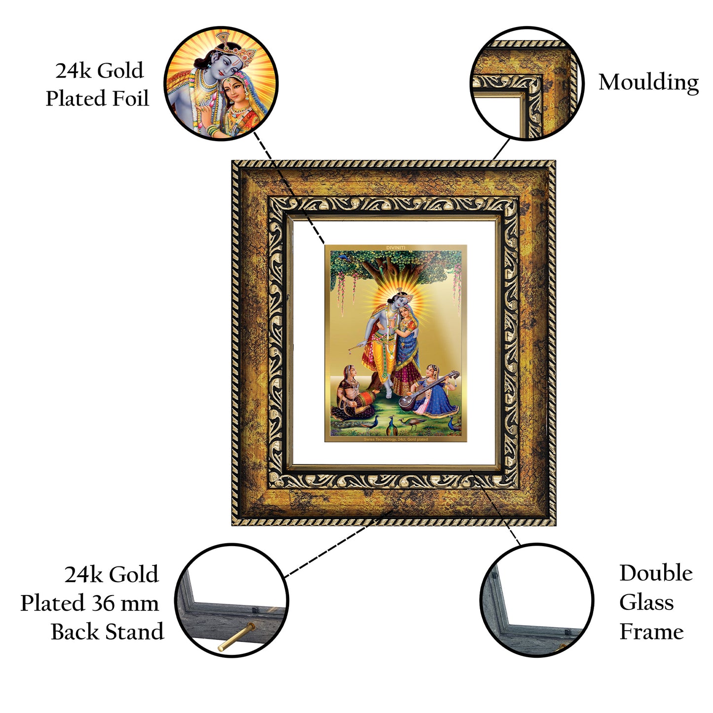 DIVINITI 24K Gold Plated Foil Radha Krishna Wall Photo Frame, Table Decor for Home & Office Decor Gift Items DG 113 Size 1 (17.7x15.9 CM)