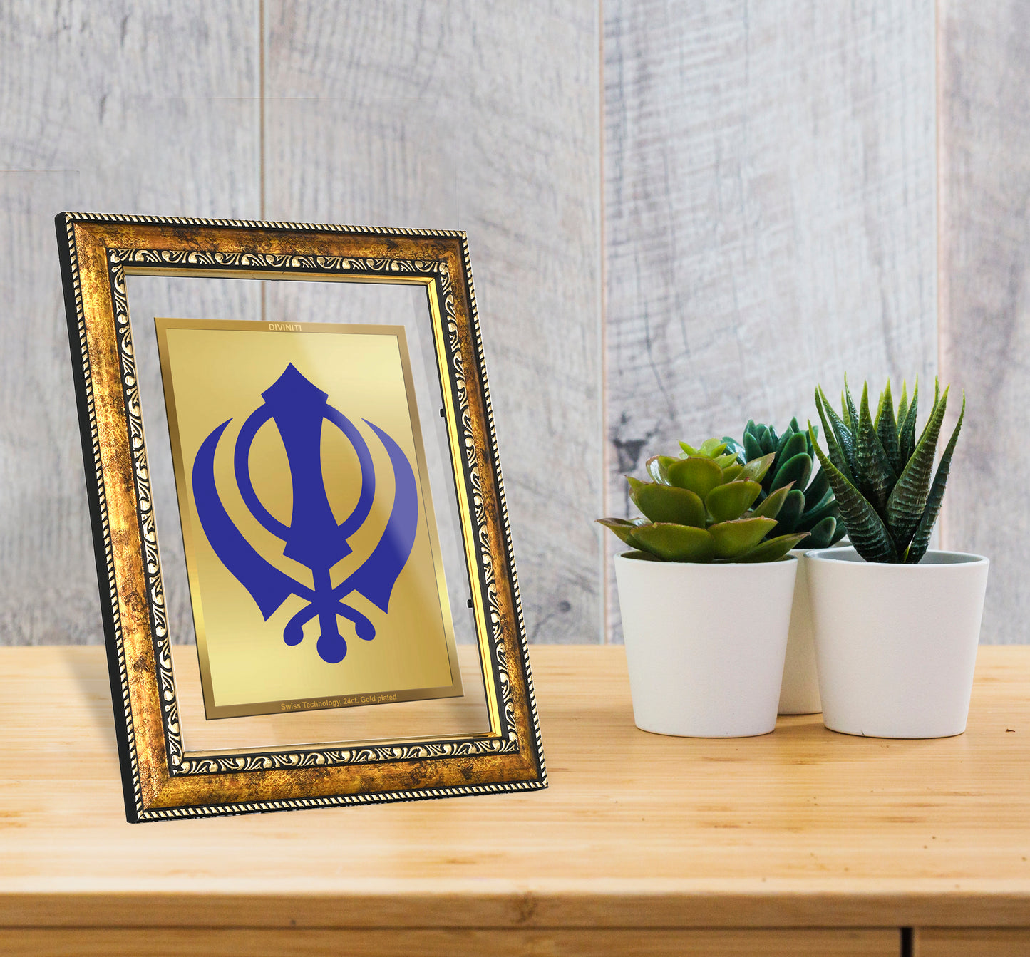 DIVINITI 24K Gold Plated Khanda Sahib Wall Photo Frame for Home Decor, Wall Hanging, Table Top, Puja Room & Gift DG113S3 (27.6X35.4 CM)