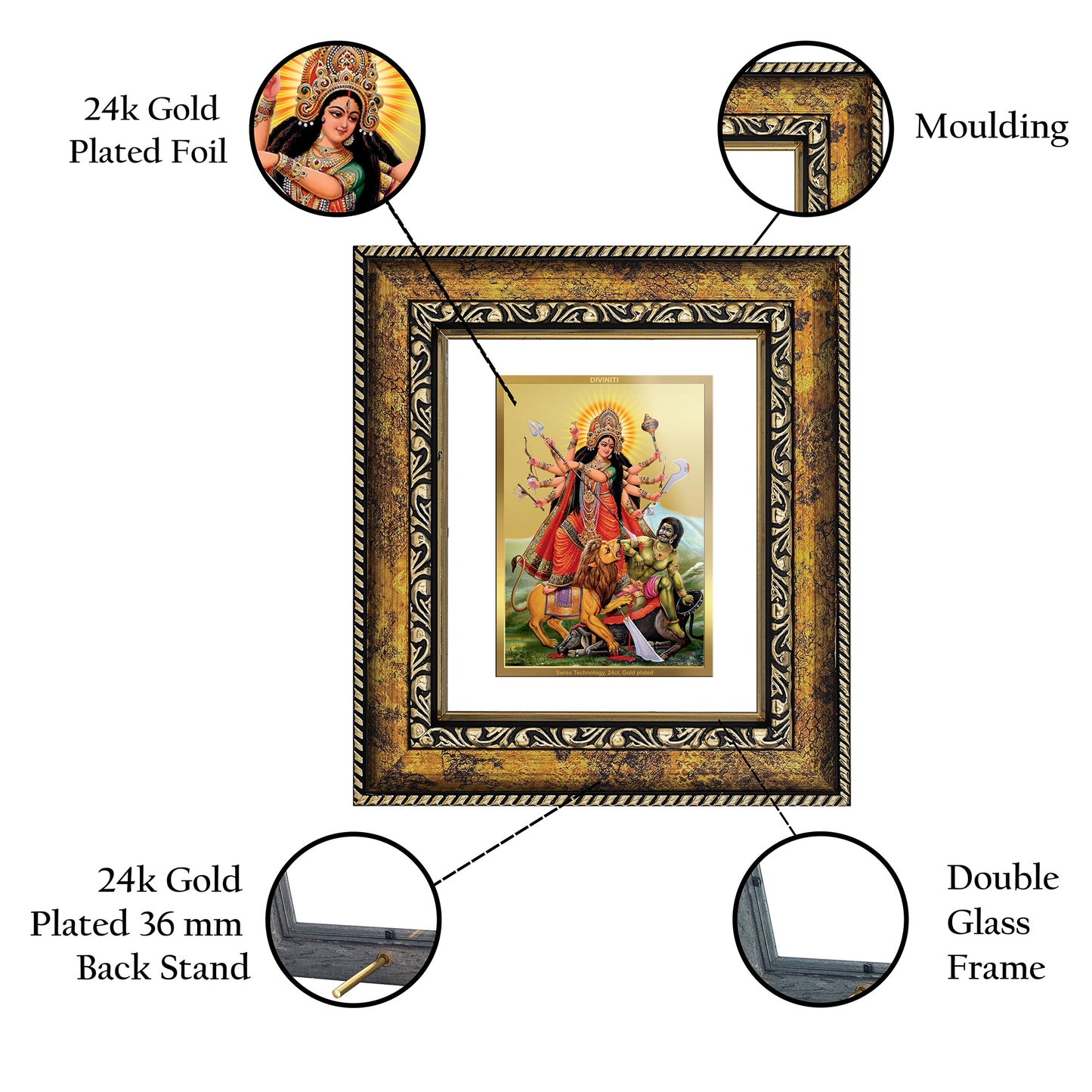 DIVINITI 24K Gold Plated Foil Goddess Durga Wall Photo Frame, Table Decor for Home & Office Decor Gift Items DG 113 Size 1 (17.7x15.9 CM)