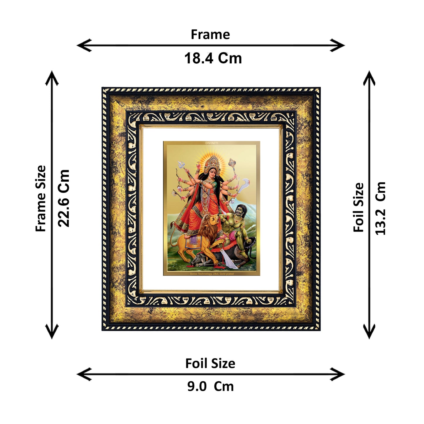 DIVINITI 24K Gold Plated Foil Goddess Durga Premium Photo Frame for Home Decor, Wall Hanging, Workshop, Table Top, Premium Gift|DG113 Size 2 (22.6x18.4 CM)