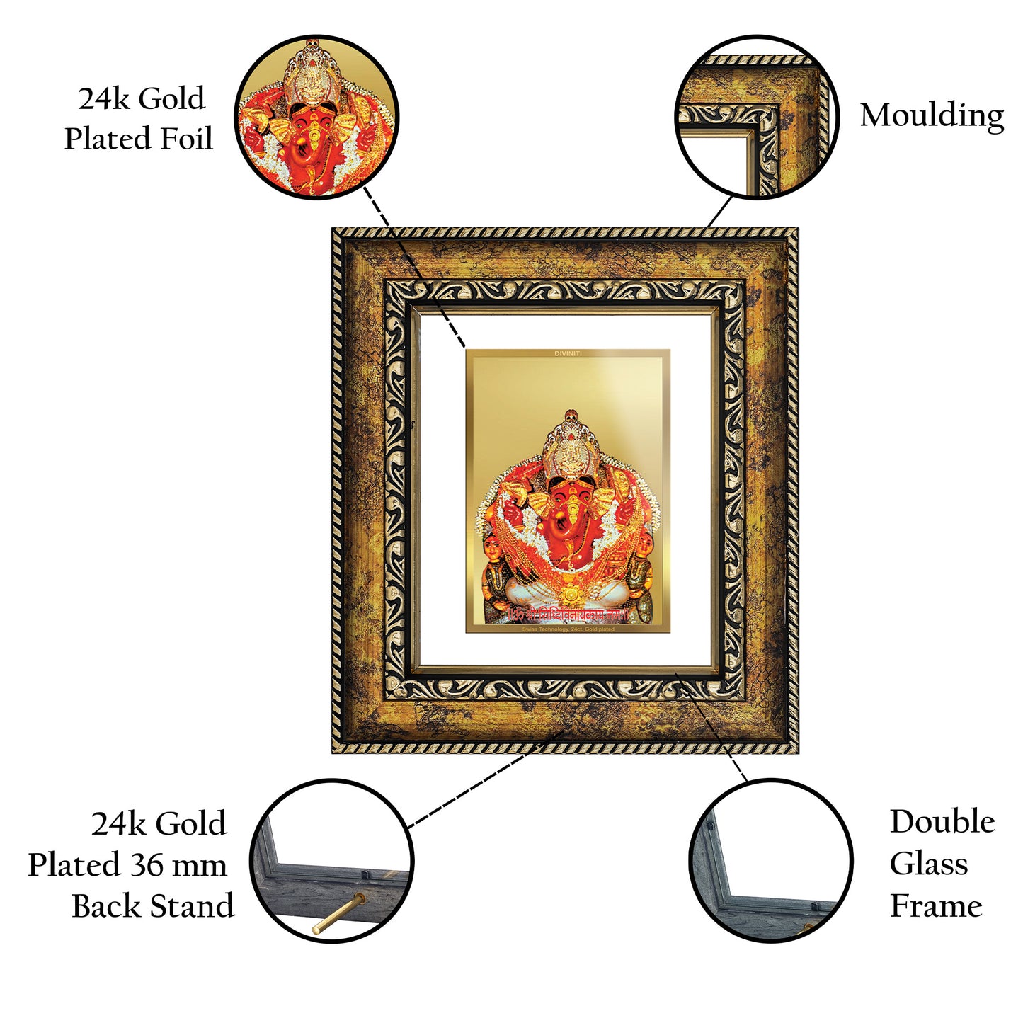 DIVINITI 24K Gold Plated Foil Siddhivinayak Wall Photo Frame, Table Decor for Home & Office Decor Gift Items DG 113 Size 1 (17.7x15.9 CM)