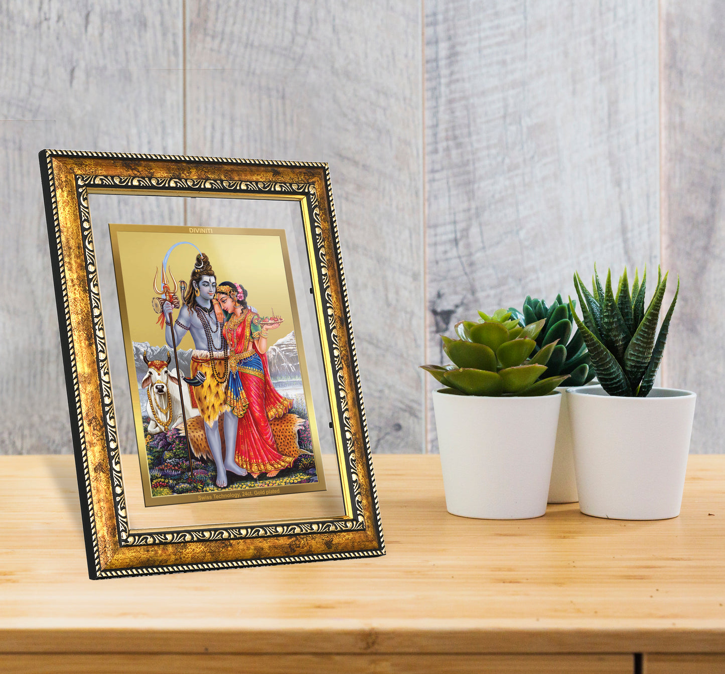 DIVINITI 24K Gold Plated Shiva with Parvati Wall Photo Frame for Home Decor, Wall Hanging, Table Top, Puja Room & Gift DG113S3 (27.6X35.4 CM)