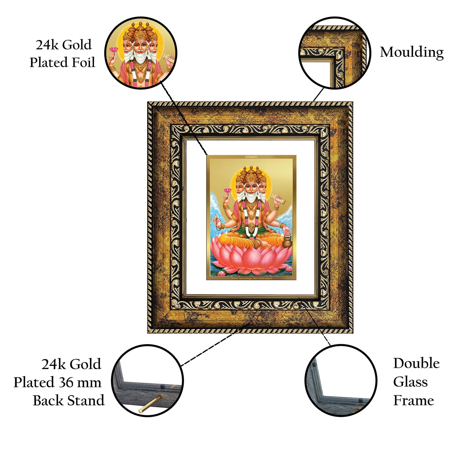 DIVINITI 24K Gold Plated Foil Brahma Wall Photo Frame, Table Decor for Home & Office Decor Gift Items DG 113 Size 1 (17.7x15.9 CM)