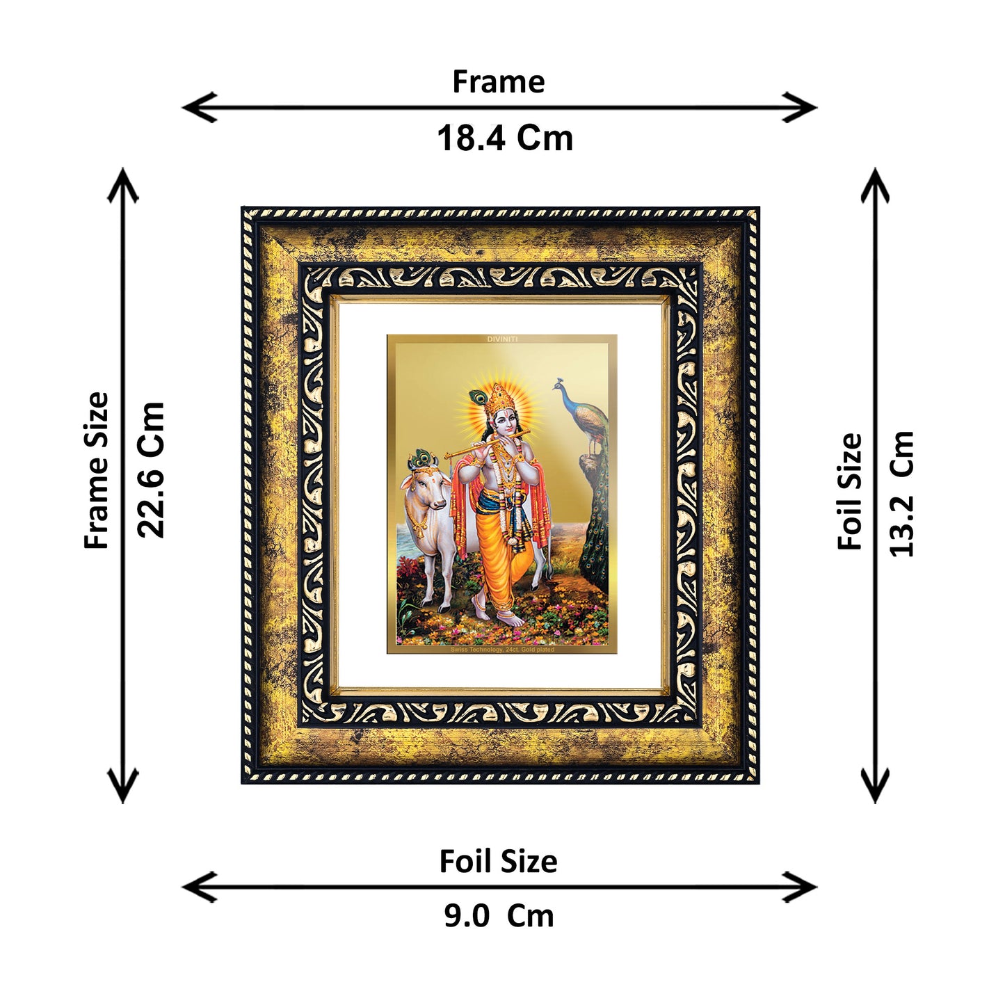 DIVINITI 24K Gold Plated Foil Lord Krishna Photo Frame for Wall Hanging, Workshop, Table Top, Home Decor, Luxury Gift|DG113 Size 2 (22.6x18.4 CM)