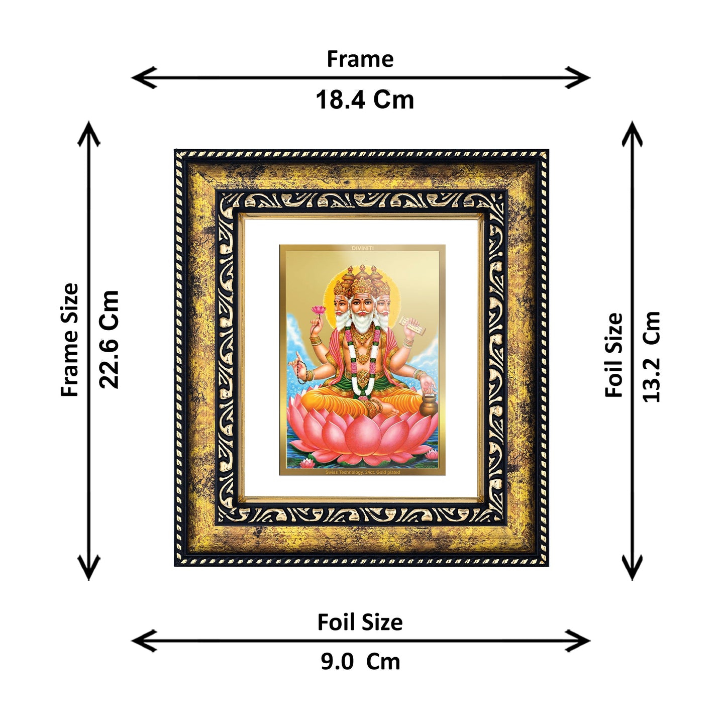 DIVINITI 24K Gold Plated Foil Lord Brahma Photo Frame for Home Wall Decor, Workshop, Table Top, Premium Gift|DG113 Size 2 (22.6x18.4 CM)