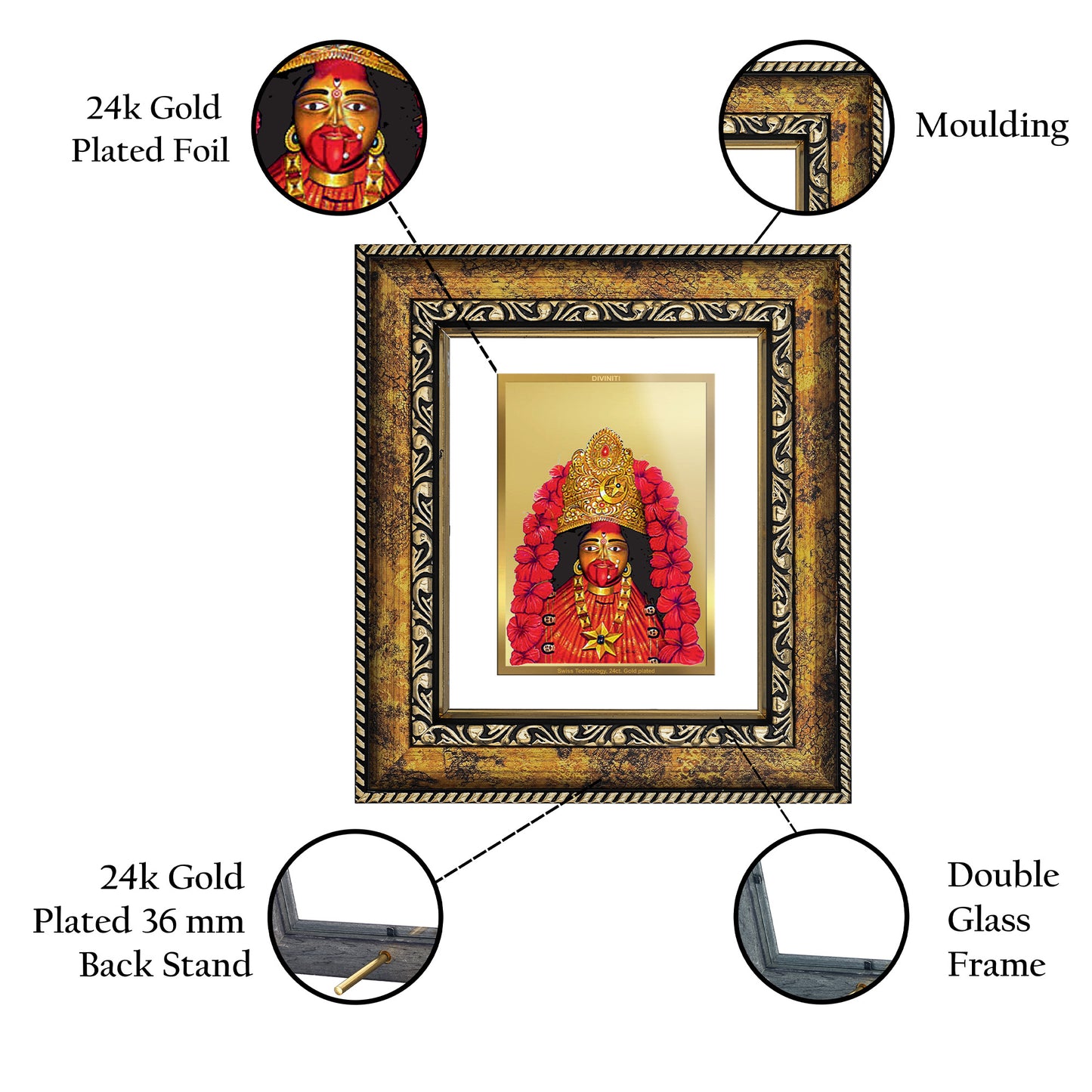 DIVINITI 24K Gold Plated Foil Maa Tara Wall Photo Frame, Table Decor for Home & Office Decor Gift Items DG 113 Size 1 (17.7x15.9 CM)