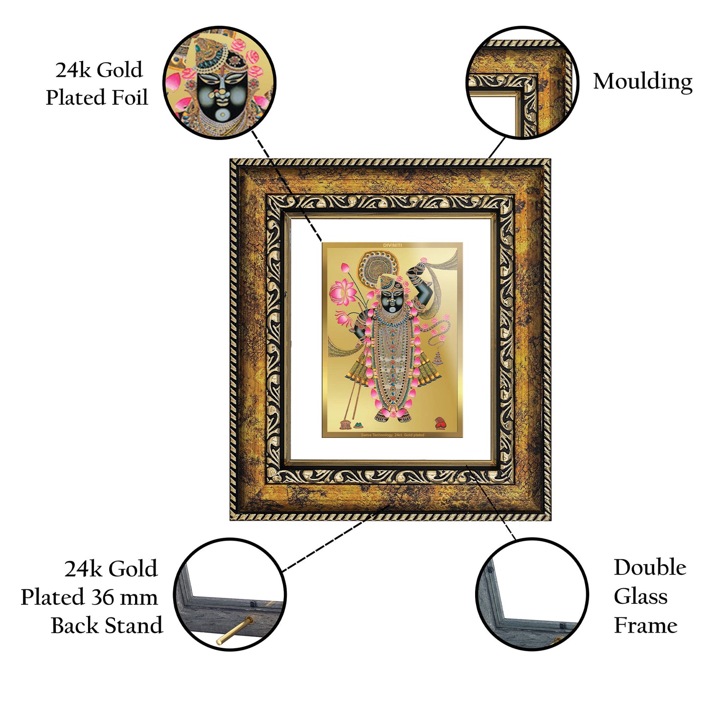 DIVINITI 24K Gold Plated Foil Shrinathji Wall Photo Frame, Table Decor for Home & Office Decor Gift Items DG 113 Size 1 (17.7x15.9 CM)