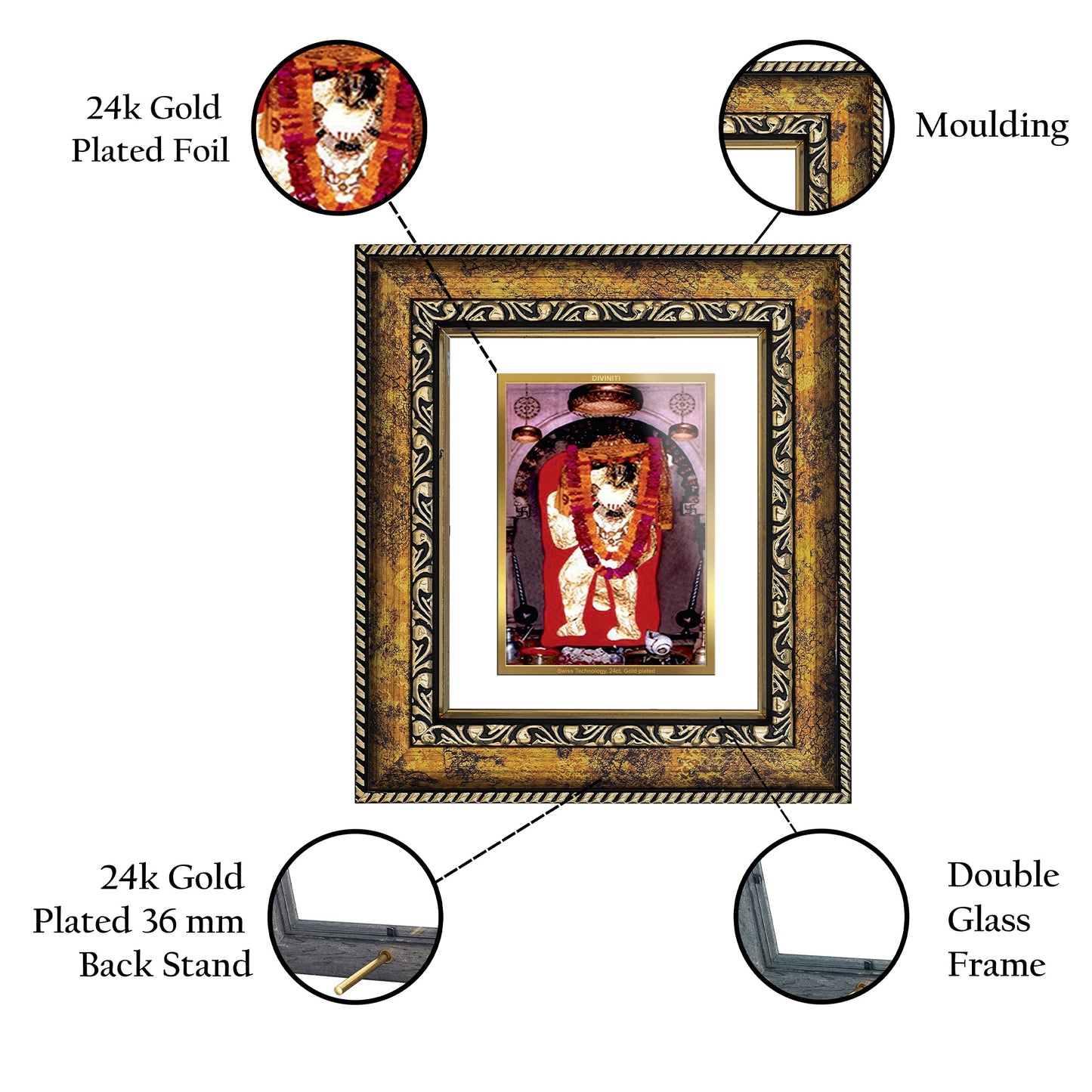 DIVINITI 24K Gold Plated Foil Mahendipur Balaji Wall Photo Frame, Table Decor for Home & Office Decor Gift Items DG 113 Size 1 (17.7x15.9 CM)