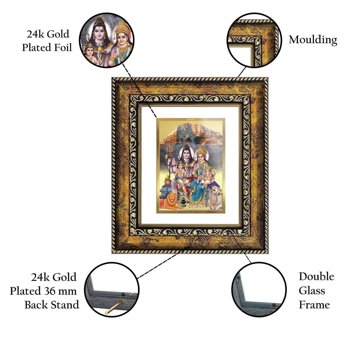 DIVINITI 24K Gold Plated Foil Shivji Parivar Wall Photo Frame, Table Decor for Home & Office Decor Gift Items DG 113 Size 1 (17.7x15.9 CM)