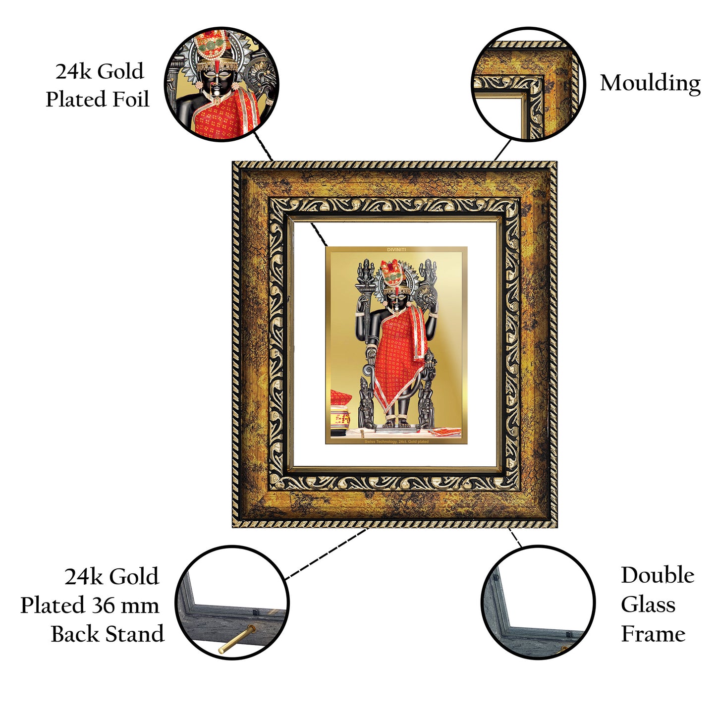 DIVINITI 24K Gold Plated Foil Dwarkadhish Wall Photo Frame, Table Decor for Home & Office Decor Gift Items DG 113 Size 1 (17.7x15.9 CM)