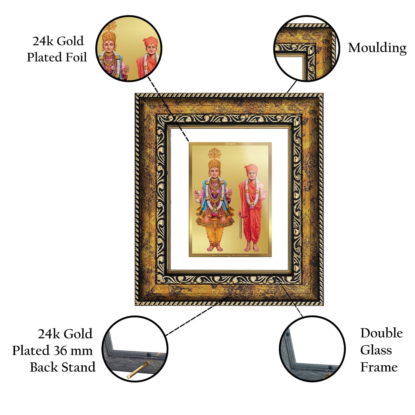 DIVINITI 24K Gold Plated Foil Swaminarayan Wall Photo Frame, Table Decor for Home & Office Decor Gift Items DG 113 Size 1 (17.7x15.9 CM)