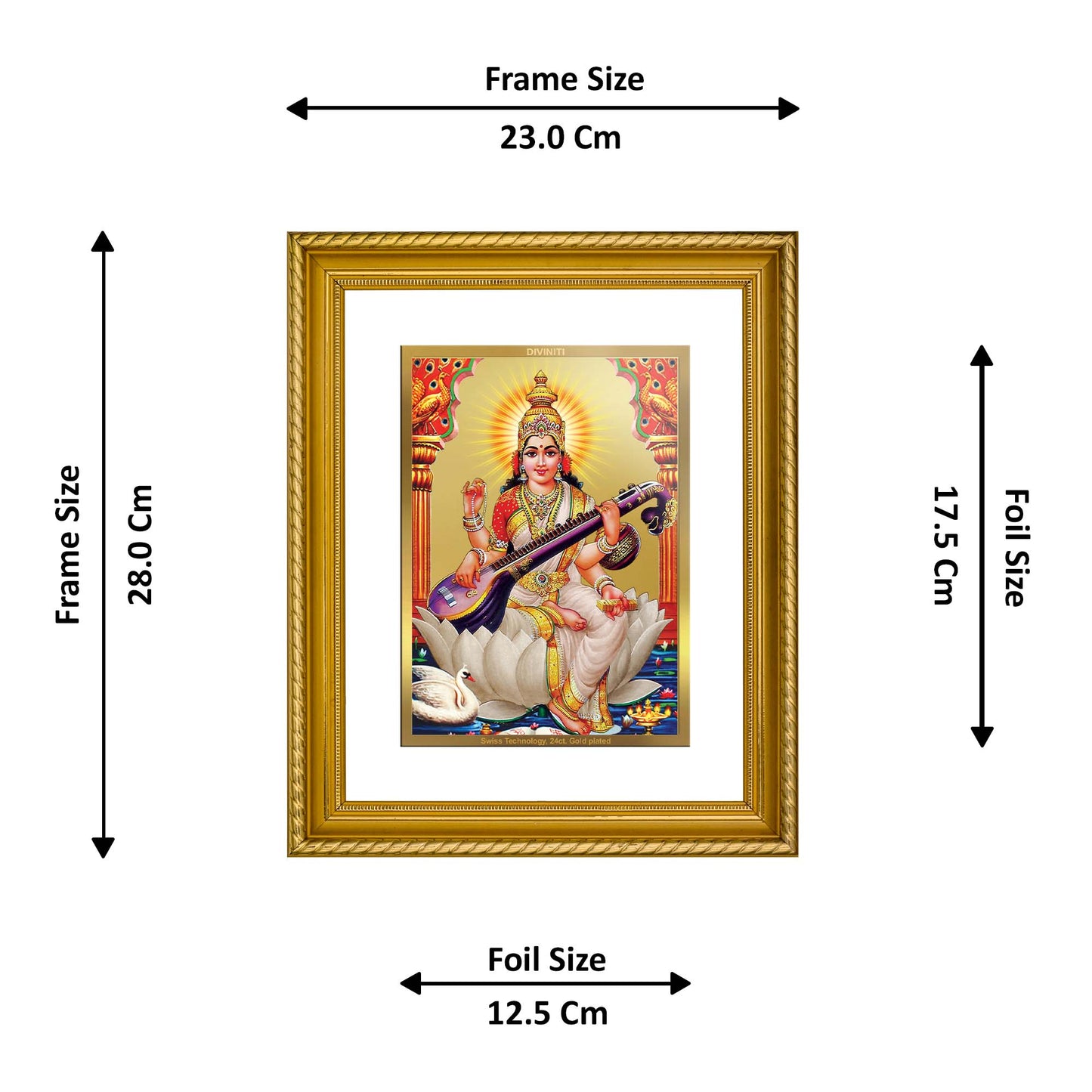 DIVINITI 24K Gold Plated Saraswati Wall Photo Frame for Home Decor, Wall Hanging, Table Top, Puja Room & Gift DG056S3 (27.6X35.4 CM)