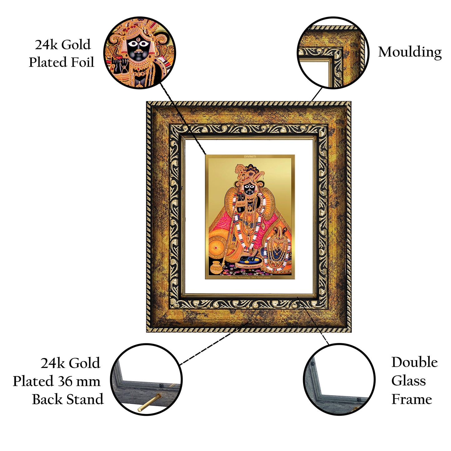 DIVINITI 24K Gold Plated Foil Bankey Bihari Wall Photo Frame, Table Decor for Home & Office Decor Gift Items DG 113 Size 1 (17.7x15.9 CM)