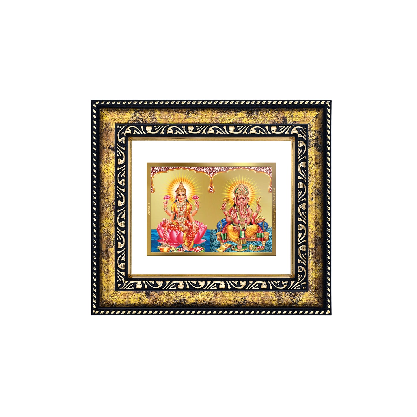 DIVINITI 24K Gold Plated Lakshmi & Ganesha Photo Frame Idol for Home Decor, Puja Room, Table Top, Wall Hanging, Workshop, Luxurious Gift|DG113 Size 2 (22.6x18.4 CM)