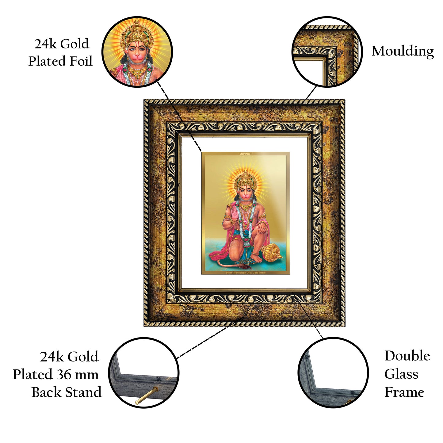 DIVINITI 24K Gold Plated Foil God Hanuman Wall Photo Frame, Table Decor for Home & Office Decor Gift Items DG 113 Size 1 (17.7x15.9 CM)