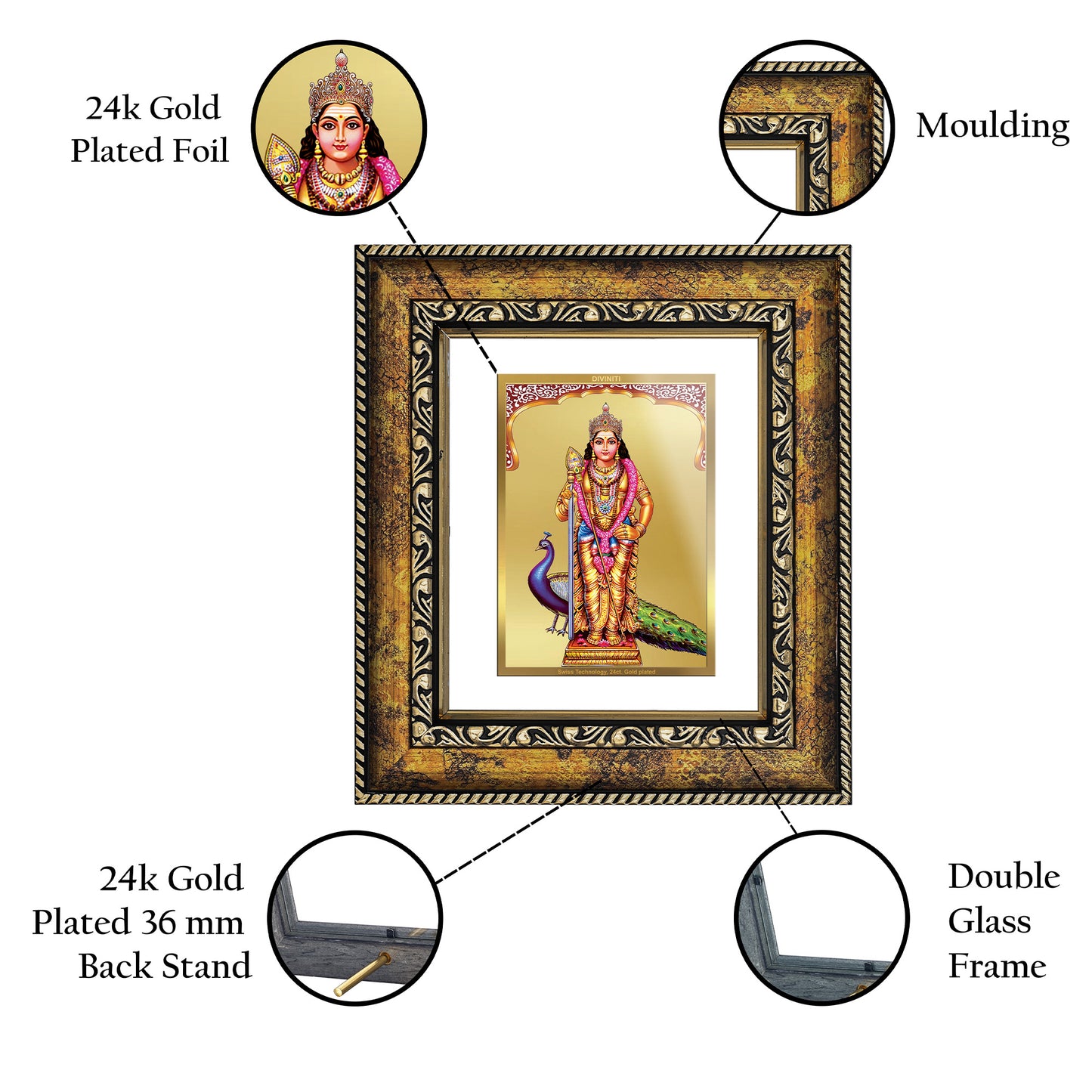 DIVINITI 24K Gold Plated Foil Murugan Wall Photo Frame, Table Decor for Home & Office Decor Gift Items DG 113 Size 1 (17.7x15.9 CM)