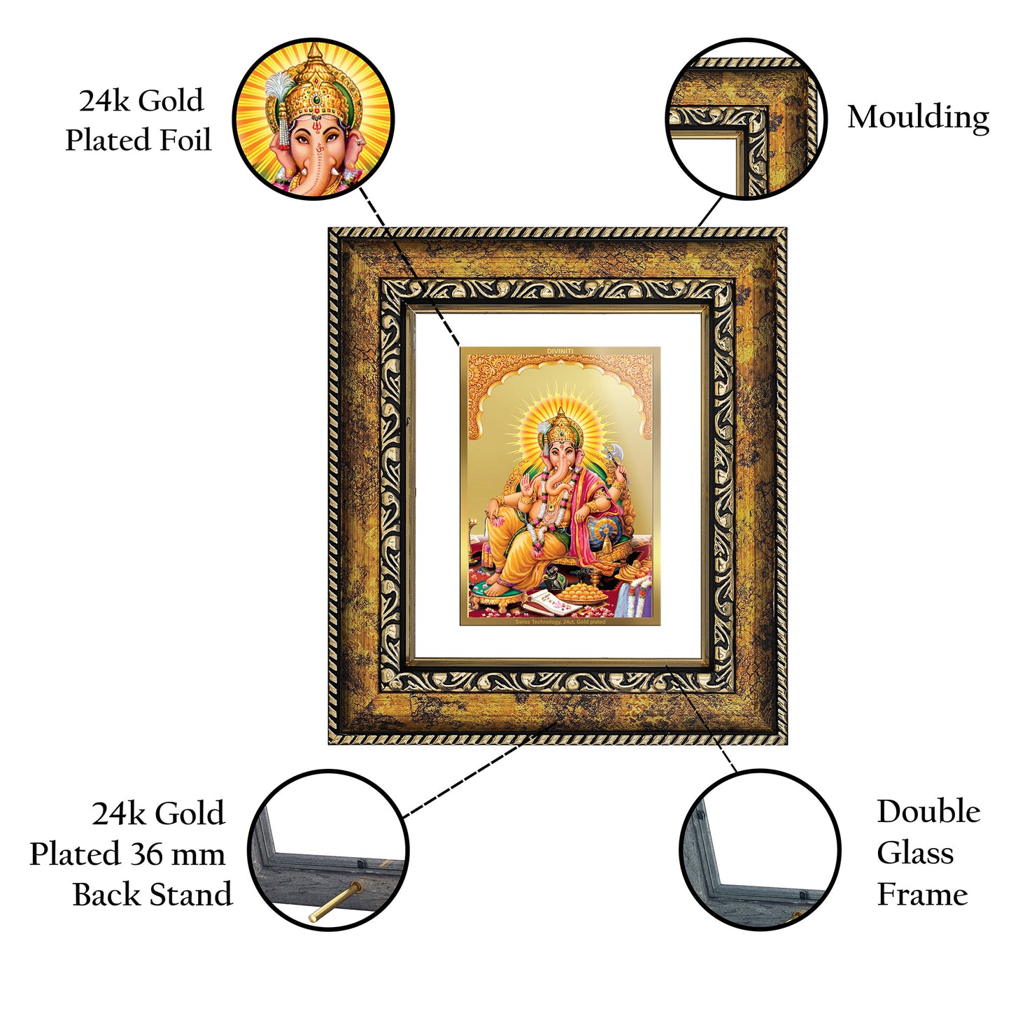 DIVINITI 24K Gold Plated Foil Lord Ganesha Wall Photo Frame, Table Decor for Home & Office Decor Gift Items DG 113 Size 1 (17.7x15.9 CM)