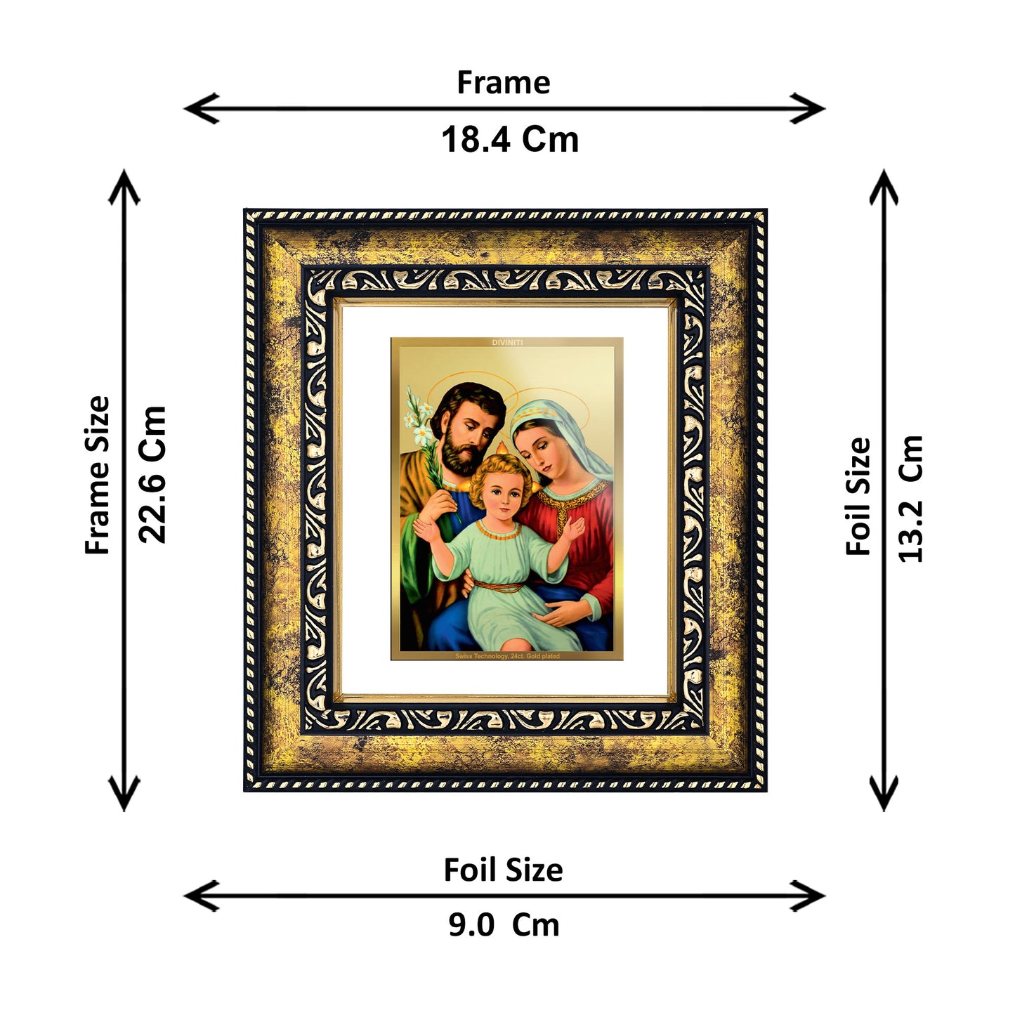 DIVINITI 24K Gold Plated Foil Holy Family Photo Frame for Home Decor, Puja Room, Table Top, Wall Hanging, Workshop, Gift|DG113 Size 2 (22.6x18.4 CM)