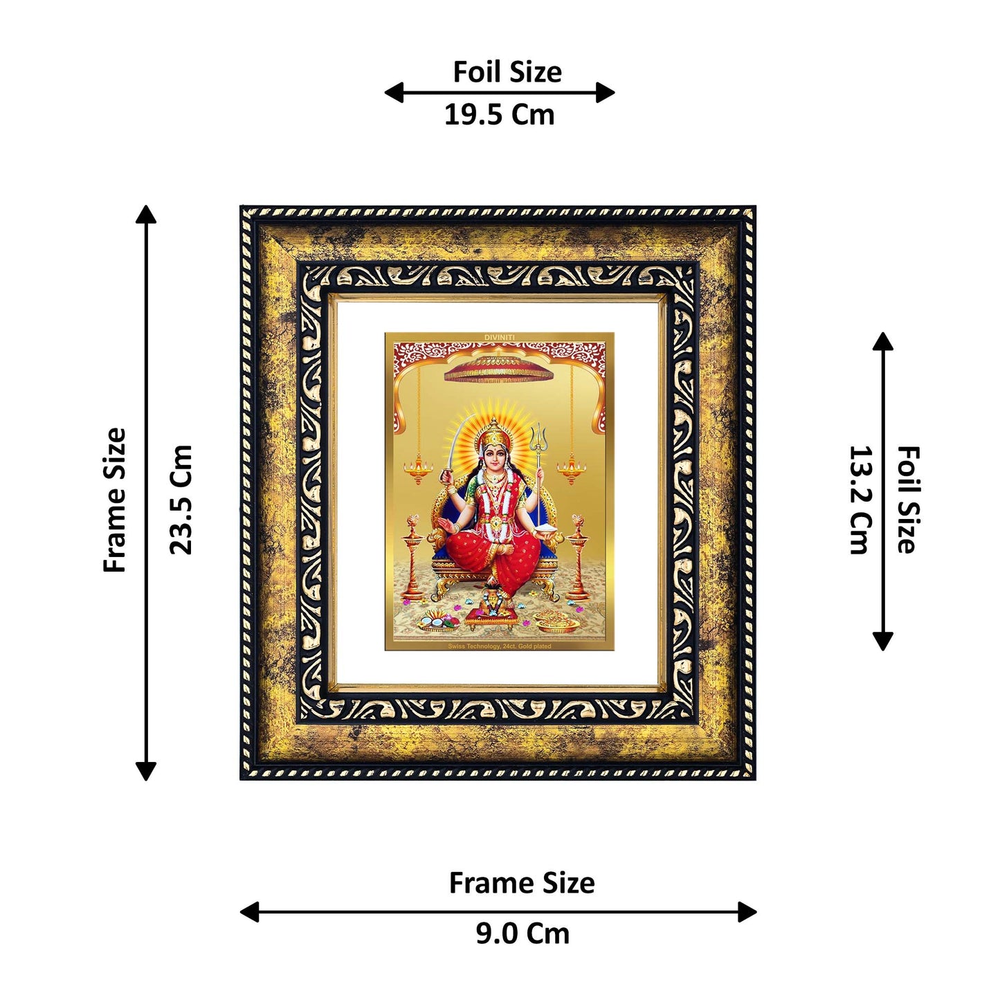 DIVINITI 24K Gold Plated Santoshi Mata Wooden Premium Photo Frame Idol for Puja Room, Home Wall Decor, Workshop, Table Top, Premium Gift | DG113 Size 2 (22.6x18.4 CM)