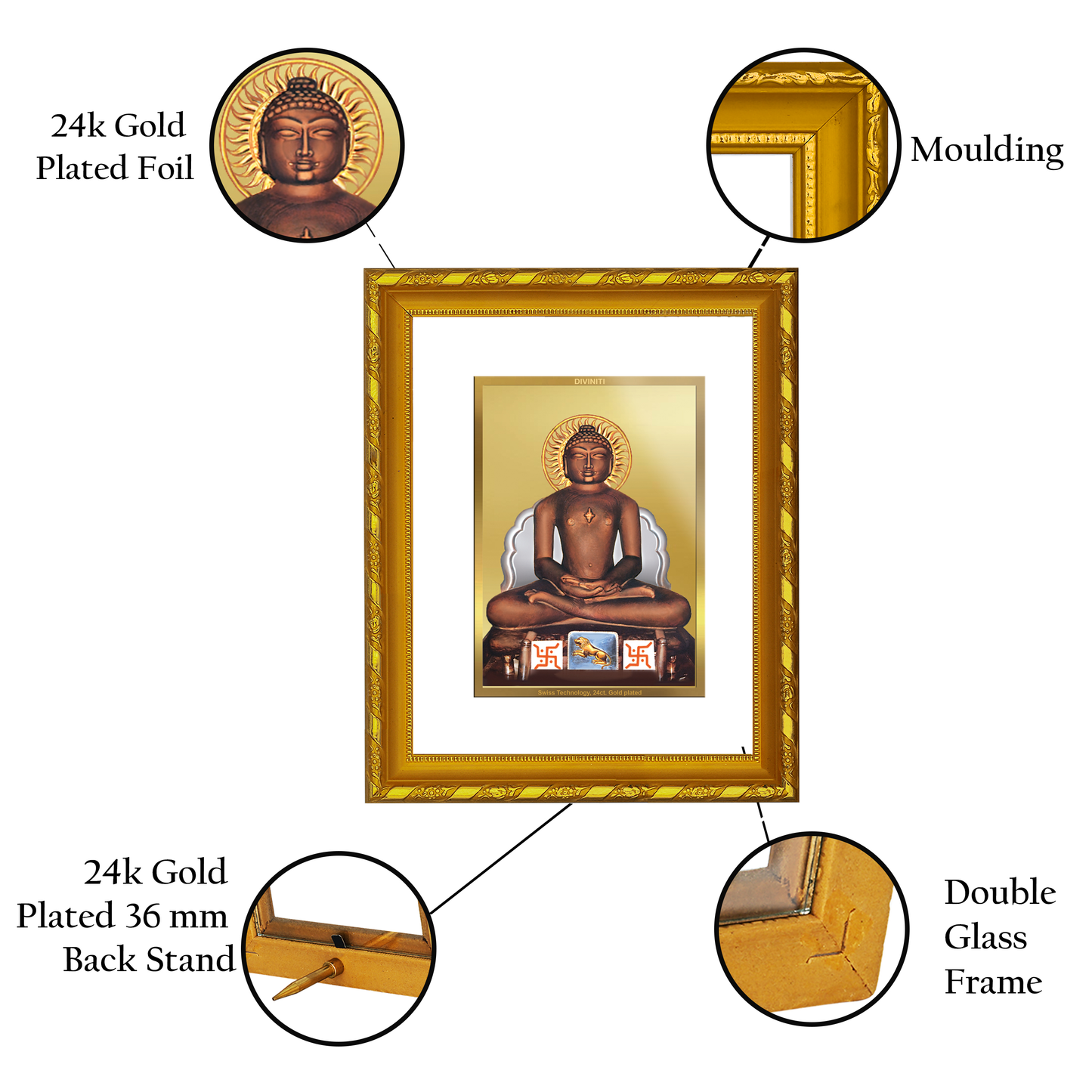 DIVINITI 24K Gold Plated Foil Mahavira Wooden Photo Frame Idol for Wall Hanging, Workshop, Table Top, Home Decor, Gift | DG103 Size 2 (22.6x18.4 CM)