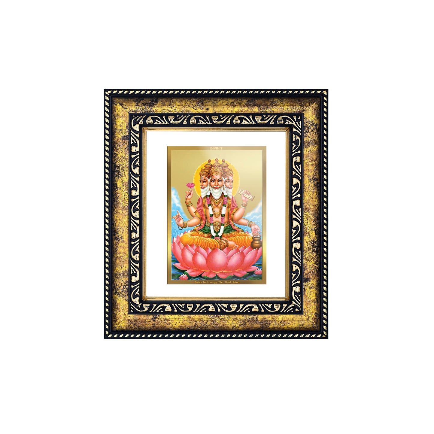 DIVINITI 24K Gold Plated Foil Lord Brahma Photo Frame for Home Wall Decor, Workshop, Table Top, Premium Gift|DG113 Size 2 (22.6x18.4 CM)