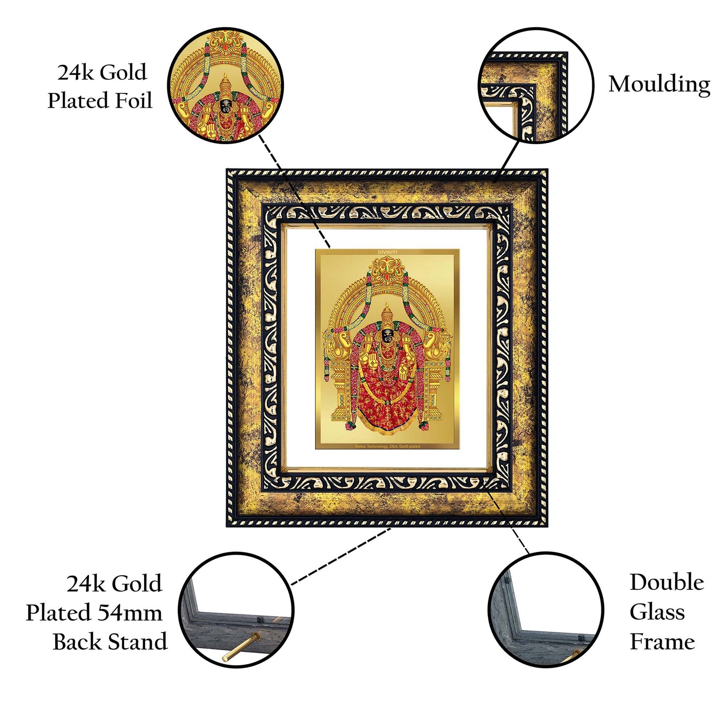 DIVINITI 24K Gold Plated Padmavati Photo Frame Idol for Home Wall Decor, Workshop, Table Top, Premium Gift|DG113 Size 2 (22.6x18.4 CM)