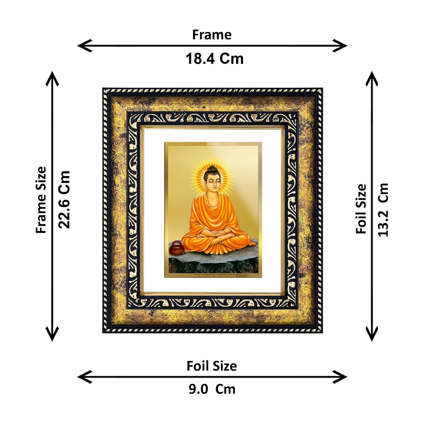 DIVINITI 24K Gold Plated Foil Lord Buddha Elegant Photo Frame for Puja Room, Home Wall Decor, Workshop, Table Top, Premium Gift|DG113 Size 2 (22.6x18.4 CM)