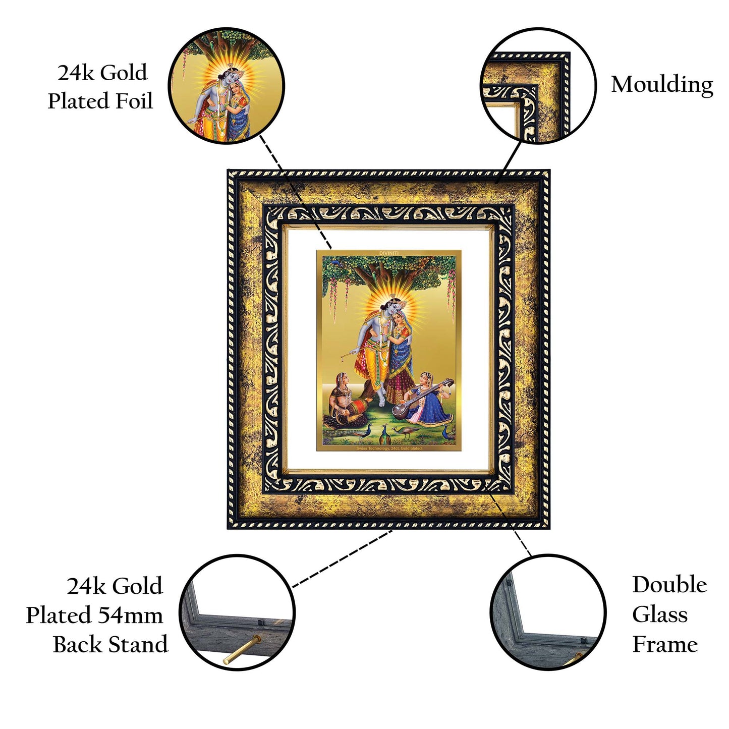 DIVINITI 24K Gold Plated Radha Krishna Wooden Modern Photo Frame Idol for Wall Hanging, Workshop, Table Top, Home Decor, Luxury Gift | DG113 Size 2 (22.6x18.4 CM)