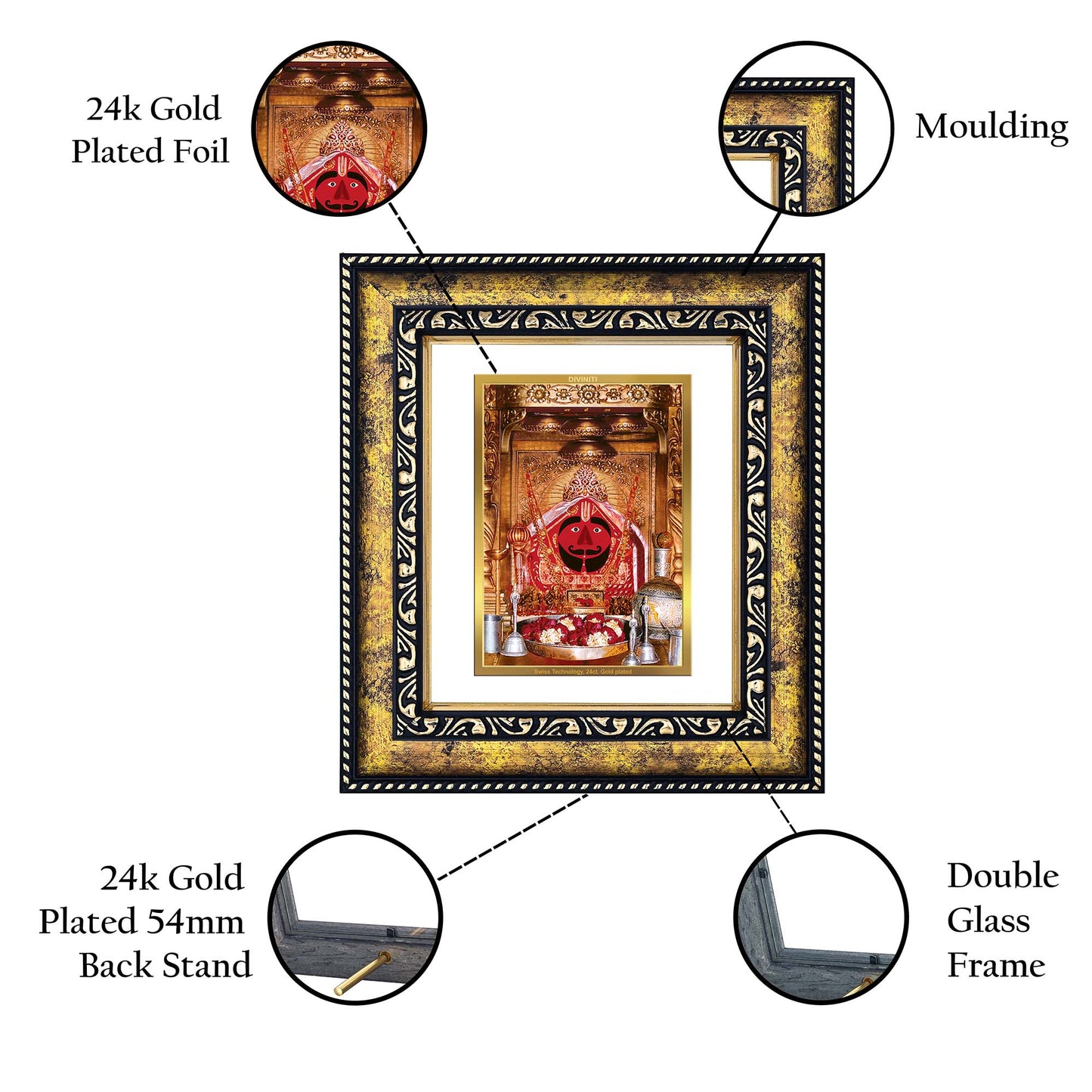 DIVINITI 24K Gold Plated Salasar Balaji Wooden Luxurious Photo Frame Idol for Home Wall Decor, Workshop, Table Top, Premium Gift | DG113 Size 2 (22.6x18.4 CM)