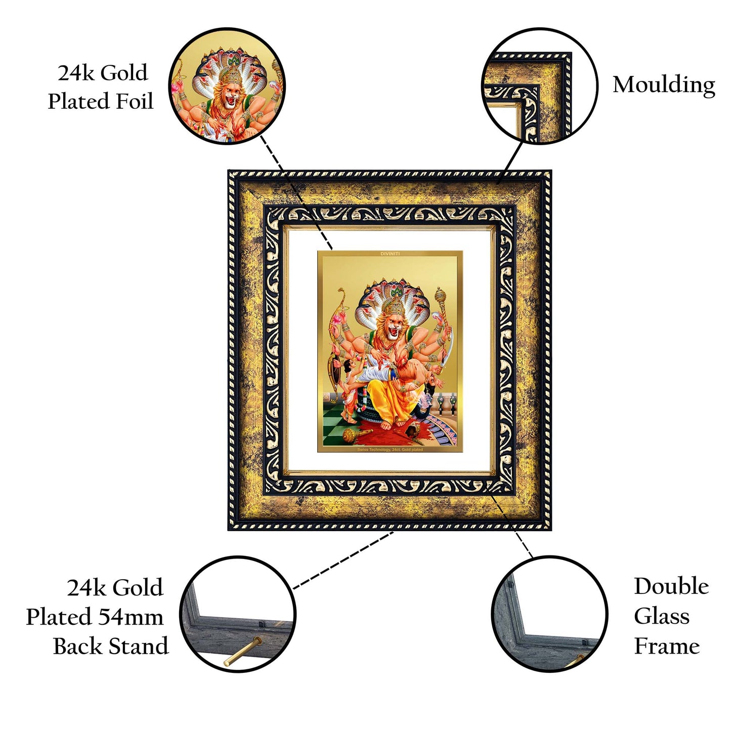 DIVINITI 24K Gold Plated Narasimha Wooden Premium Photo Frame Idol for Wall Hanging, Workshop, Table Top, Home Decor, Luxury Gift | DG113 Size 2 (22.6x18.4 CM)