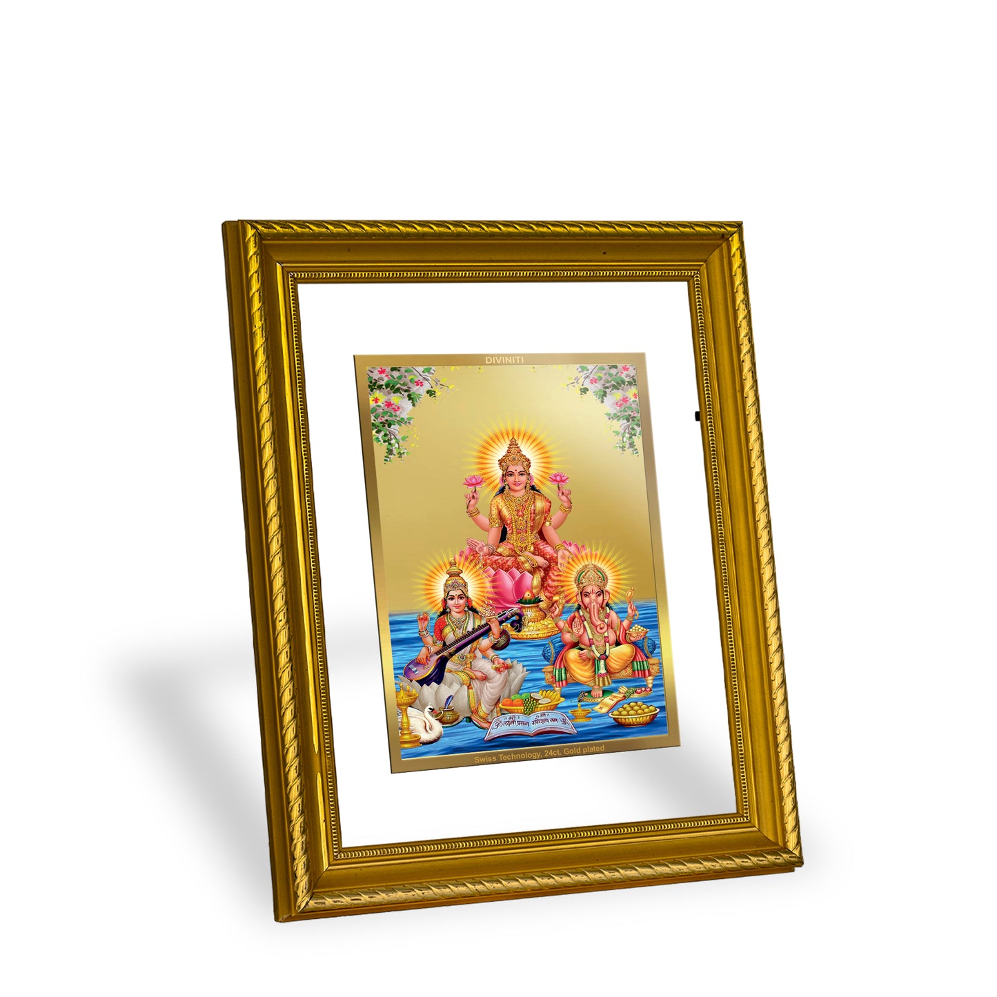 Diviniti 24K Gold Plated Lakshmi Ganesha Saraswati Wooden Photo Frame for Home & Office Decor, Wall Hanging, Tabletop, Puja Room, Gift DG056S2.5 (29.5x24.5 CM)