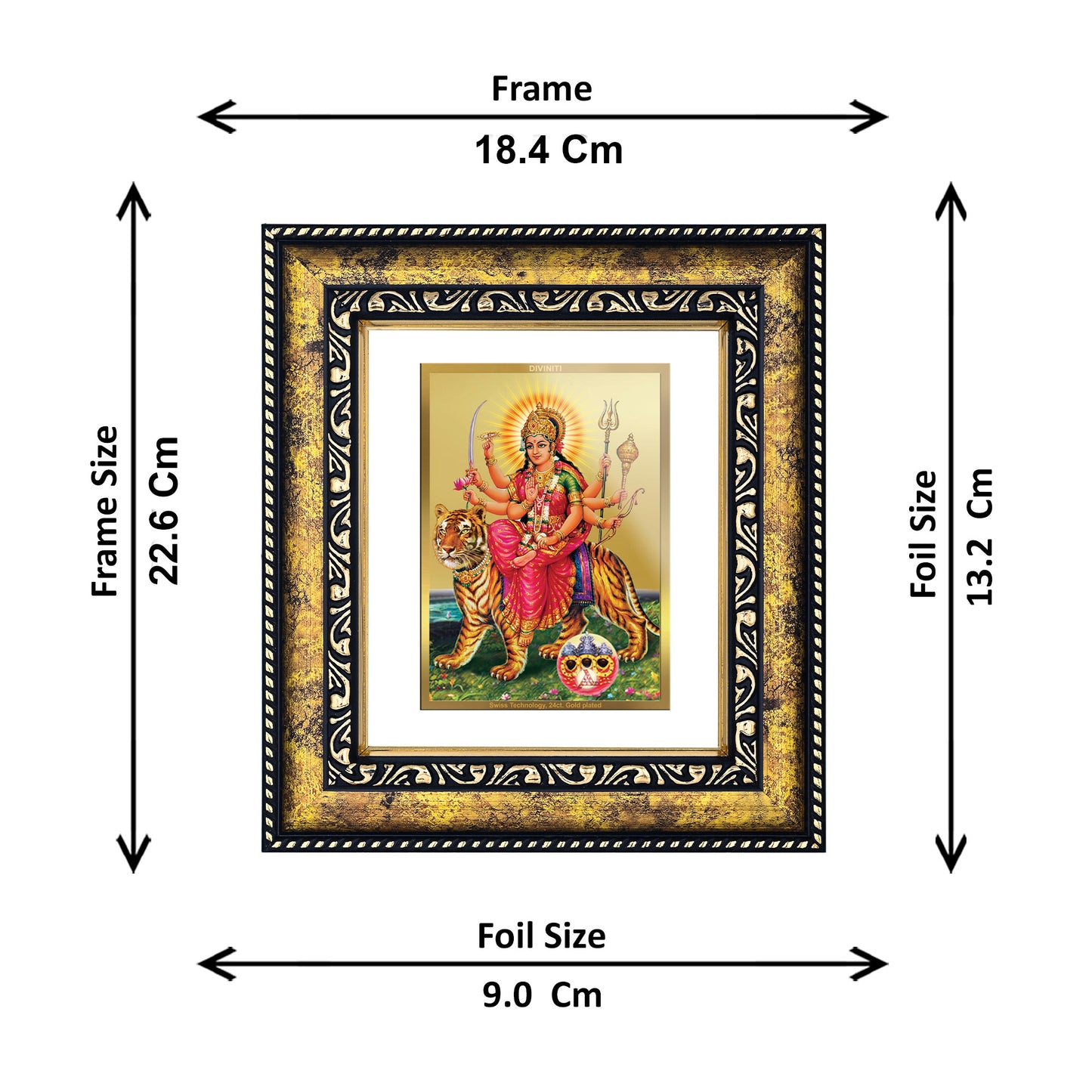 DIVINITI 24K Gold Plated Foil Goddess Durga Photo Frame Idol for Wall Hanging, Table Top, Home Decor, Workshop, Gift Item|DG113 Size 2 (22.6x18.4 CM)