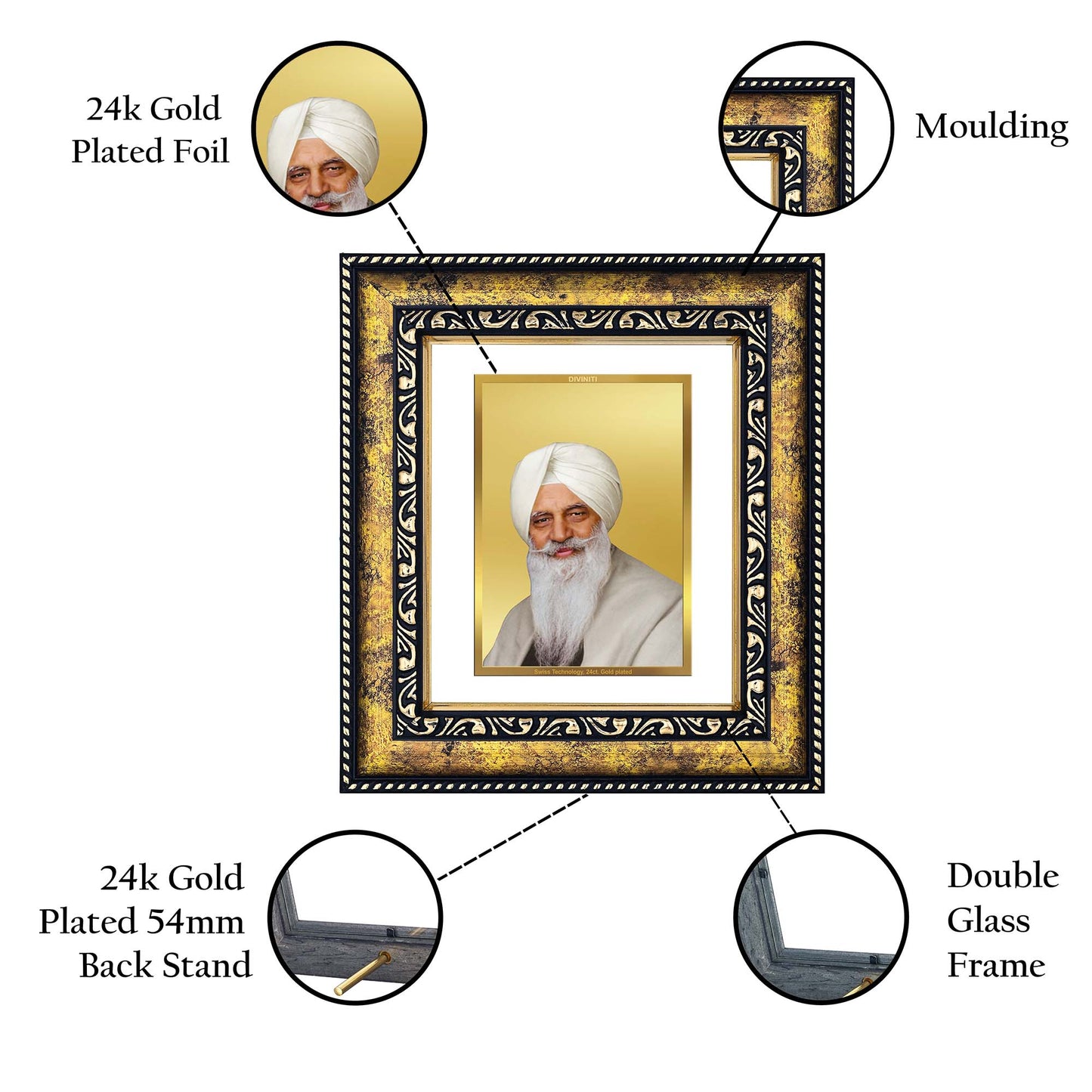 DIVINITI 24K Gold Plated Radha Swami Wooden Religious Photo Frame Idol for Home & Office Decor, Wall Hanging, Workshop, Table Top, Gift | DG113 Size 2 (22.6x18.4 CM)