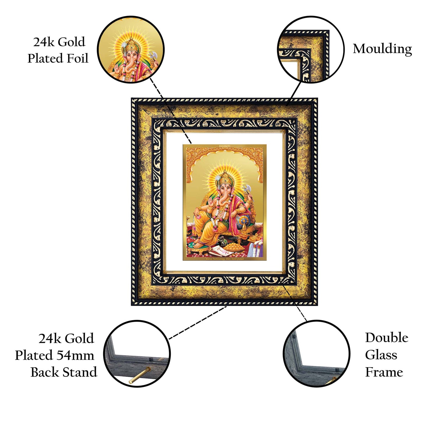 DIVINITI 24K Gold Plated Lord Ganesha Wooden Traditional Photo Frame Idol for Home Wall Decor, Workshop, Table Top, Premium Gift | DG113 Size 2 (22.6x18.4 CM)