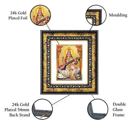 DIVINITI 24K Gold Plated Goddess Saraswati Wooden Photo Frame Idol for Home Decor, Puja Room, Table Top, Wall Hanging, Workshop, Luxurious Gift | DG113 Size 2 (22.6x18.4 CM)