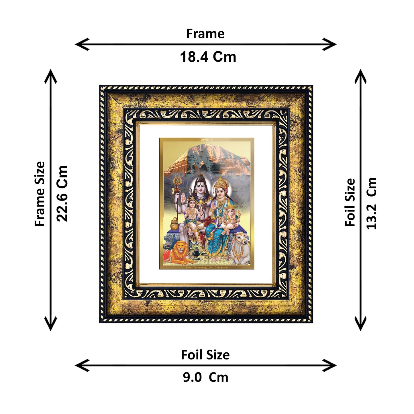 DIVINITI 24K Gold Plated Lord Shiv Parivar Classic Photo Frame Idol for Home & Office Decor, Wall Hanging, Workshop, Table Top, Gift|DG113 Size 2 (22.6x18.4 CM)