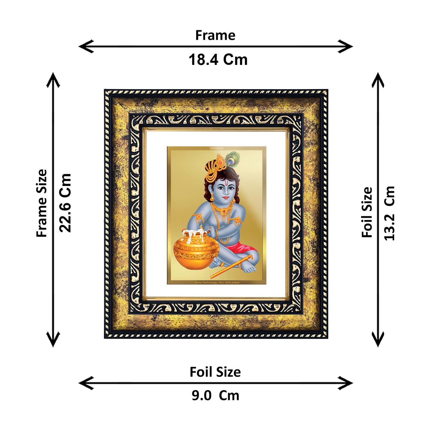 DIVINITI 24K Gold Plated Foil Bal Gopal Photo Frame Idol for Wall Hanging, Workshop, Table Top, Home Decor, Luxury Gift|DG113 Size 2 (22.6x18.4 CM)