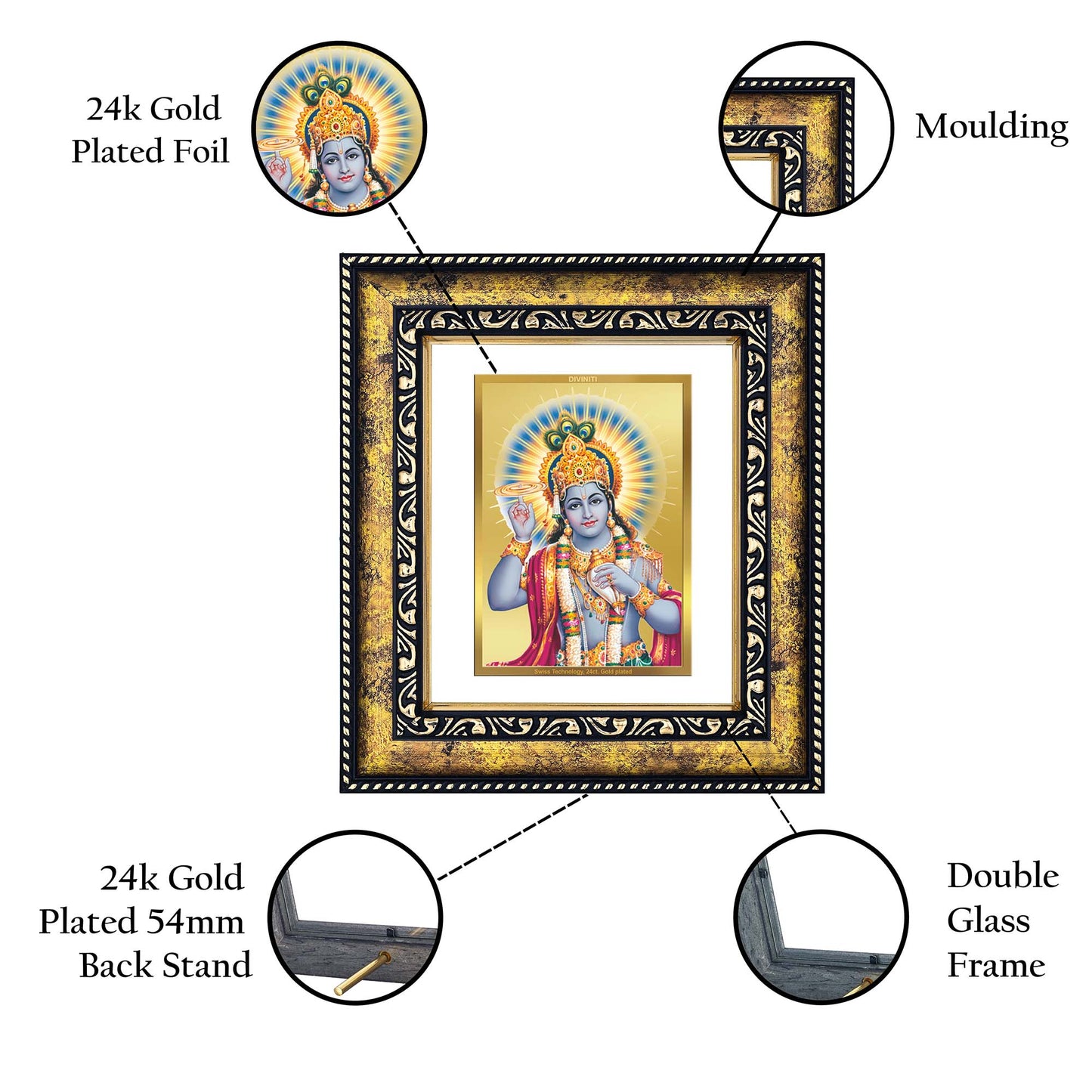 DIVINITI 24K Gold Plated Lord Vishnu Modern Photo Frame Idol for Wall Hanging, Workshop, Table Top, Home Decor, Luxury Gift|DG113 Size 2 (22.6x18.4 CM)